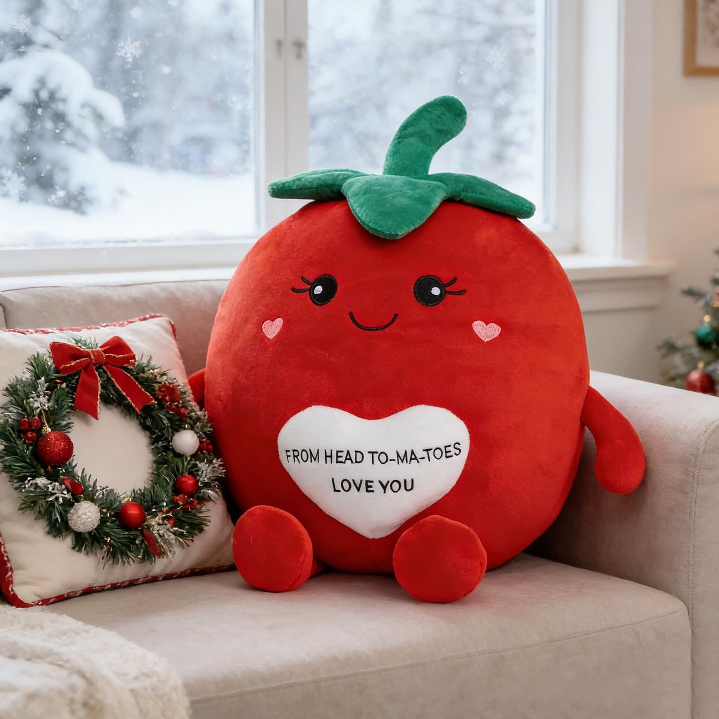 WENMOTDY Tomato Plush Toys 17 Inches Cute Fruit Stuffed Animal with Red Heart Soft Plush Tomato Pillow for Girlfriend Boyfriend Children Valentines Day Birthday