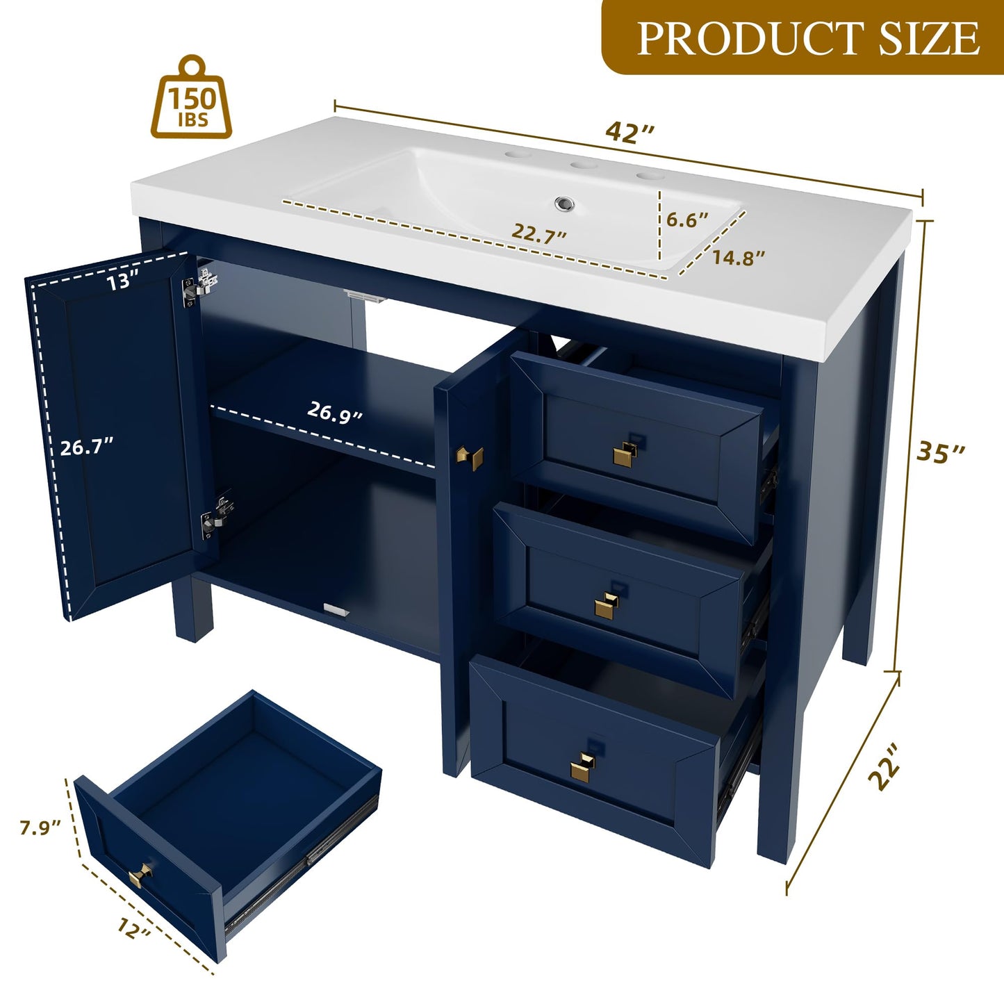 DWVO 42 Inch Bathroom Vanity with Sink Combo, Modern Bathroom Storage Cabinet with Resin Basin, Three Holes, 2 Doors & 3 Drawers, Navy Blue
