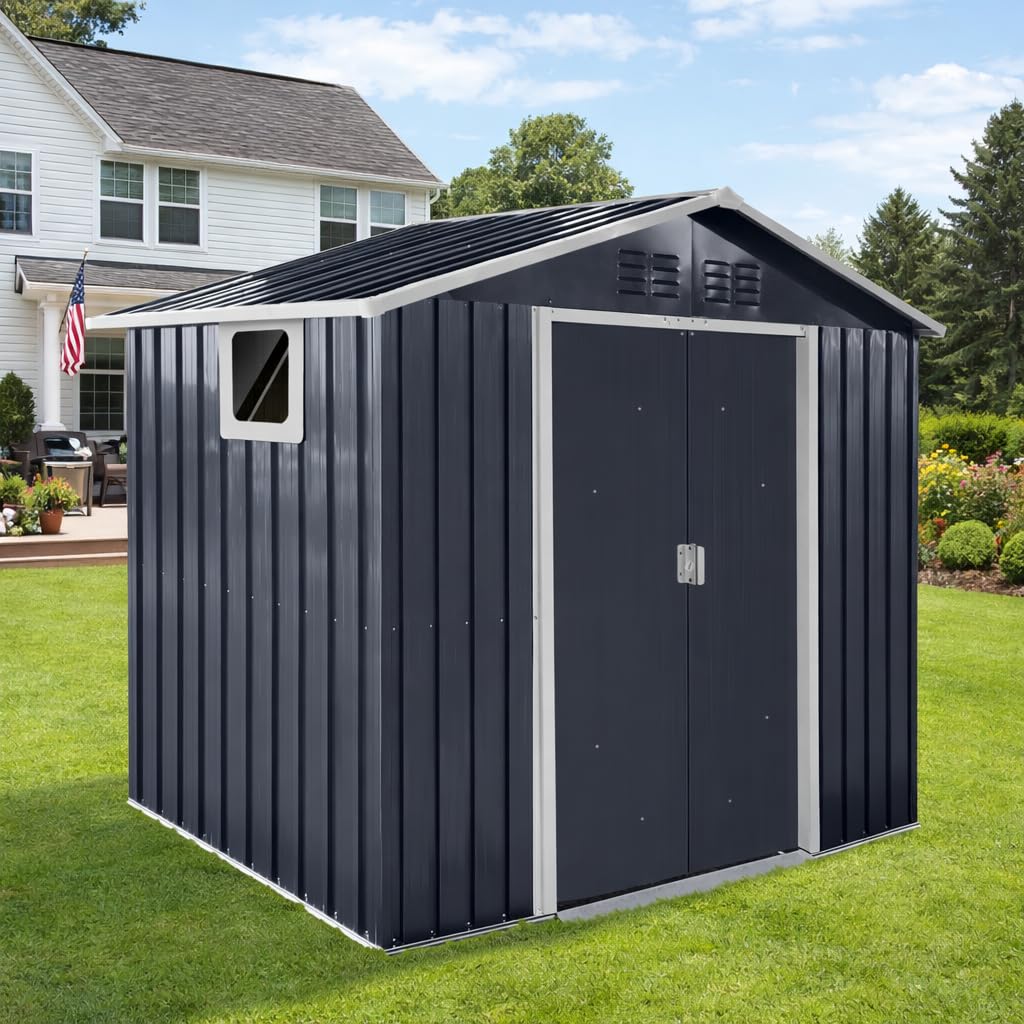 YOPTO 7x4.3 FT Metal Garden Sheds with Window,Outdoor Heavy-Duty Steel Storager Tool Shed W/Sliding Door and Punched Vents,Waterproof Building Organizer for Storing Motorcycle,Bicycles,Grey