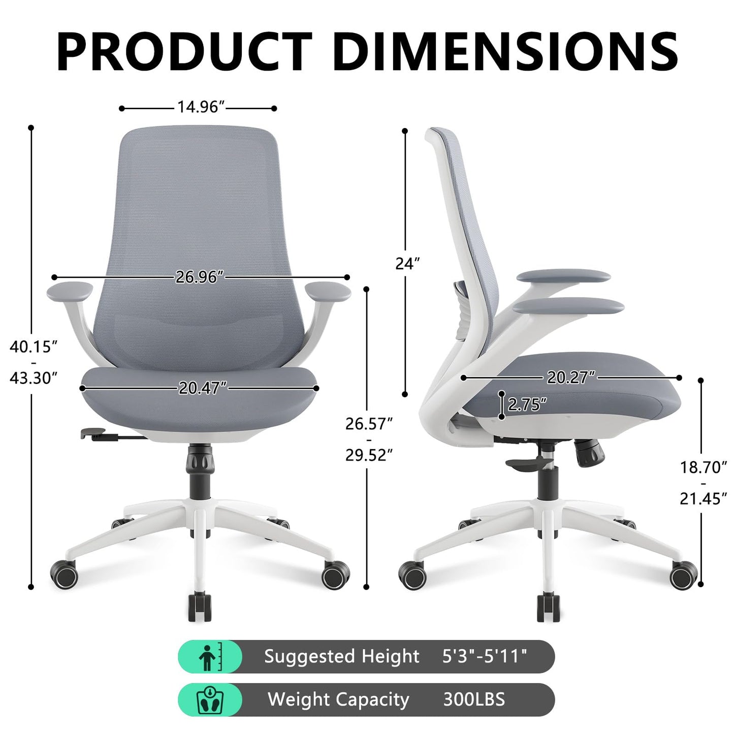 BERYTH Ergonomic Office Chair, High Back Mesh Desk Chair with Lumbar Support, 360° Swivel & Slide-Adjustable Arms, Tilt Lock and Recline, Breathable Task Chair for Home Office & Gaming (Grey)