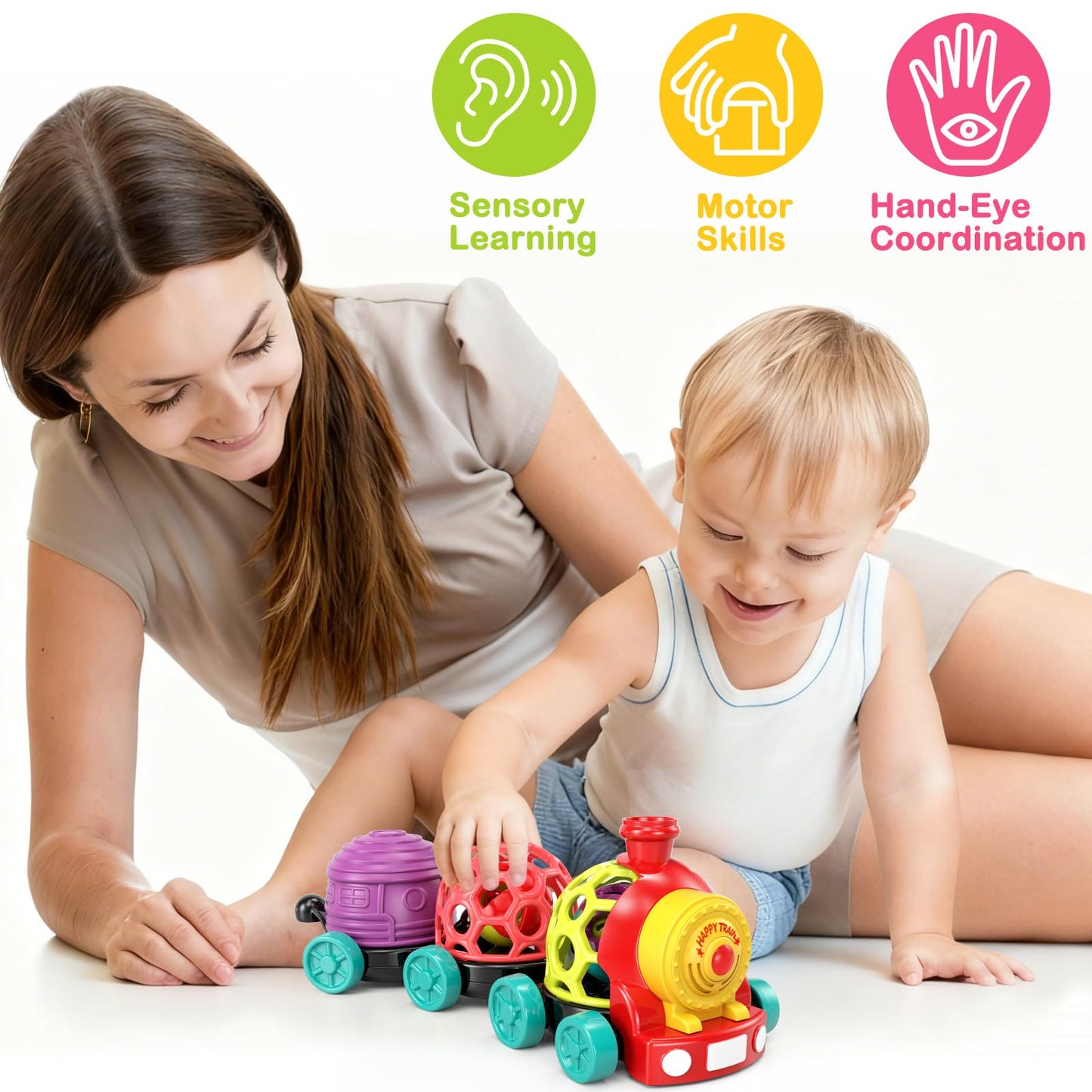 WEEJOYGAM Train Baby Toys 6-12 Months, Infant Soft Cars for Toddlers 1-3 Boy Easter Basket Stuffers Birthday Gift 6 7 8 9 10 Month 1 Year Old Boy Cause Effect Montessori Musical Push Truck Ball Rattle