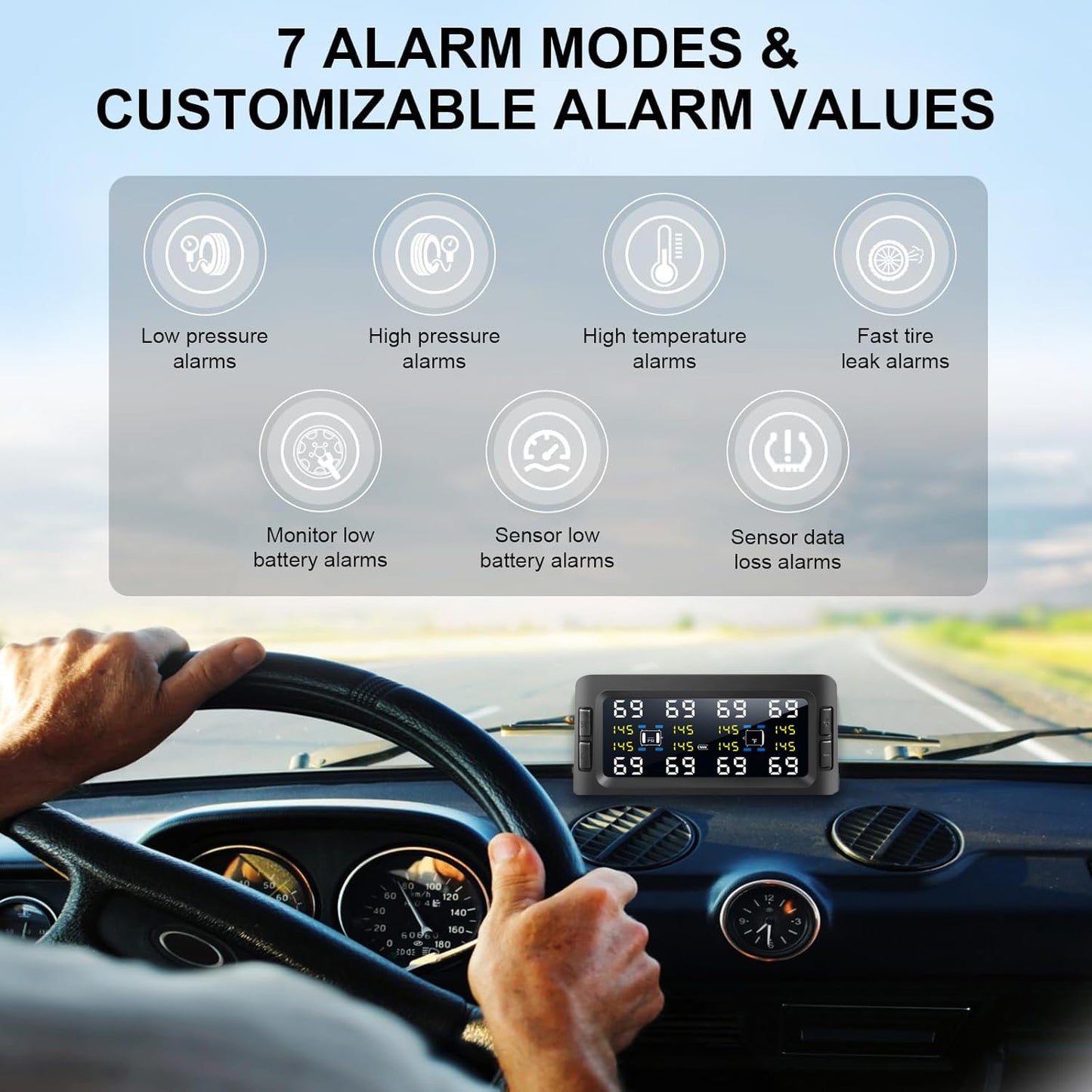 B-Qtech Tire Pressure Monitoring System Solar TPMS w/8 Flow Thru Sensors & Signal Repeater - Long Range Transmission for RV/Truck/Trailer/Camper, 7 Alert Modes Real Time Monitoring (0-199 PSI)