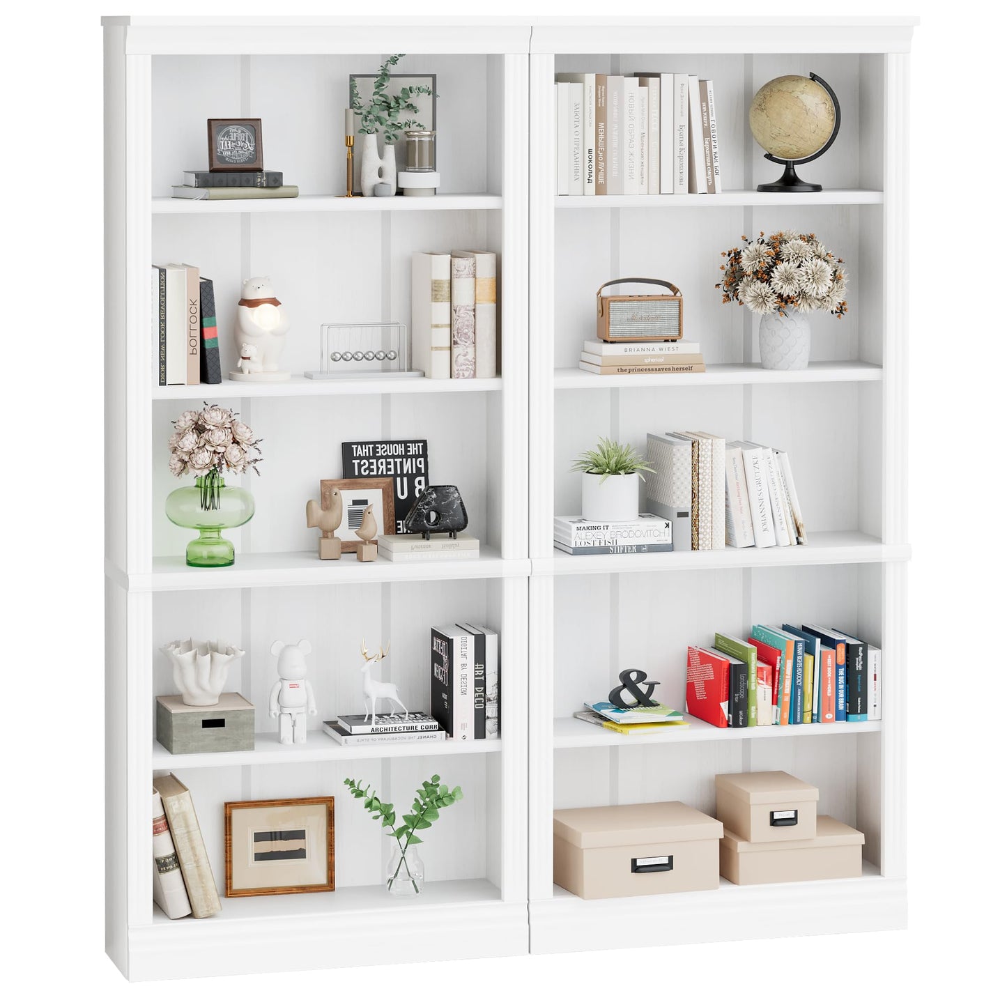 YESHOMY 72" Bookcase and Bookshelf, 5-Tier Wood Bookcases with Shelves, Tall Floor Standing Book Shelf Storage Cabinet Home Decor Furniture for Living Room, Home Office, White, 2 PCS
