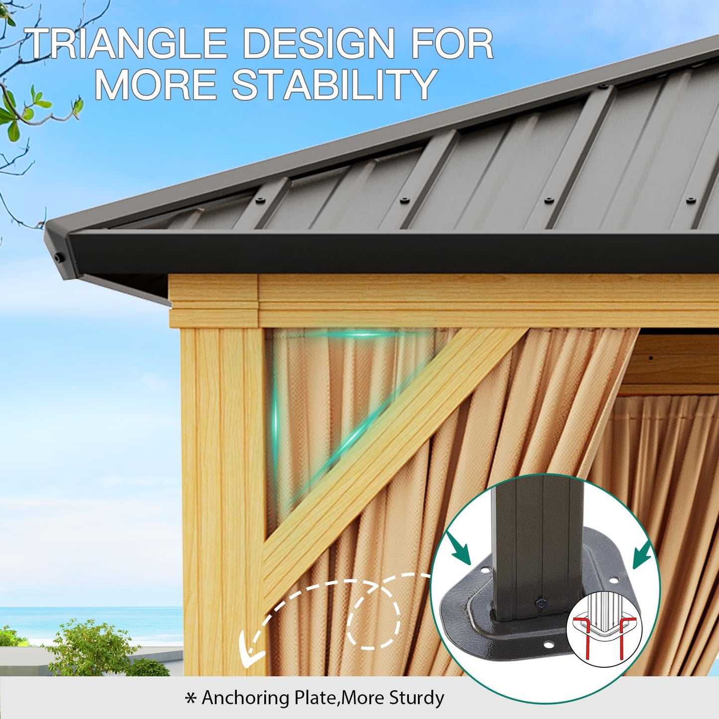 GarveeLife 10x12 ft Double Roof Hardtop Gazebo, Heavy Duty Galvanised Steel Hardtop Pavilion with Netting and Curtains, Faux Wood Grain Metal Gazebo for Patio, Terrace, Lawn and Deck, Wood Grain