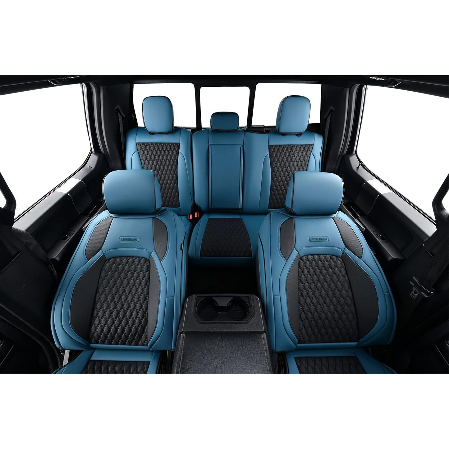 Coverado Waterproof Faux Leather Seat Covers Full Set for Ford F150 2015-2025 SuperCrew & F250 F350 F450 2017-2025 Crew Cab, Compatible with XL XLT Lariat King Ranch, Blue Interior Truck Accessories