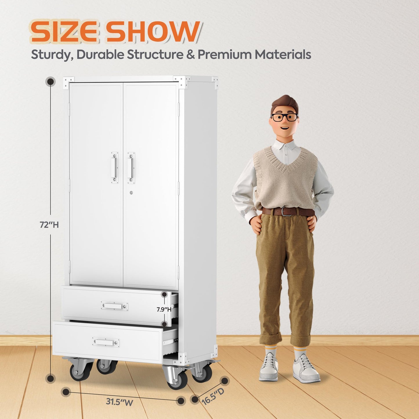 SUXXAN Rolling Storage Cabinet with 2 Doors and 2 Drawers, Heavy Duty Metal Storage Cabinet with Shelves, Locking Steel Cabinet for Warehouse, Home, Office (White)