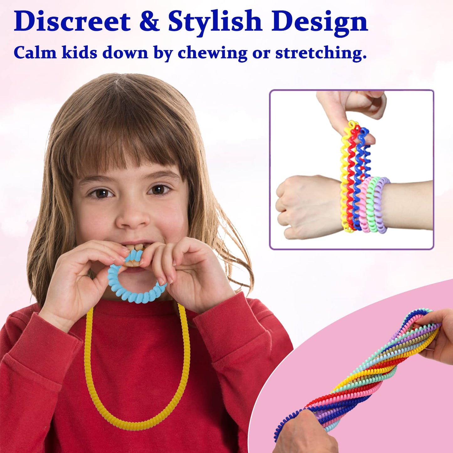Olugu Sensory Chew Necklaces Bracelets for Boys and Girls, 16 Pack Stretchy Fidget Toys for Kids with Autism ADHD SPD, Oral Motor Aids Bracelet necklace set Jewelry Reduce Biting Stress and Anxiety