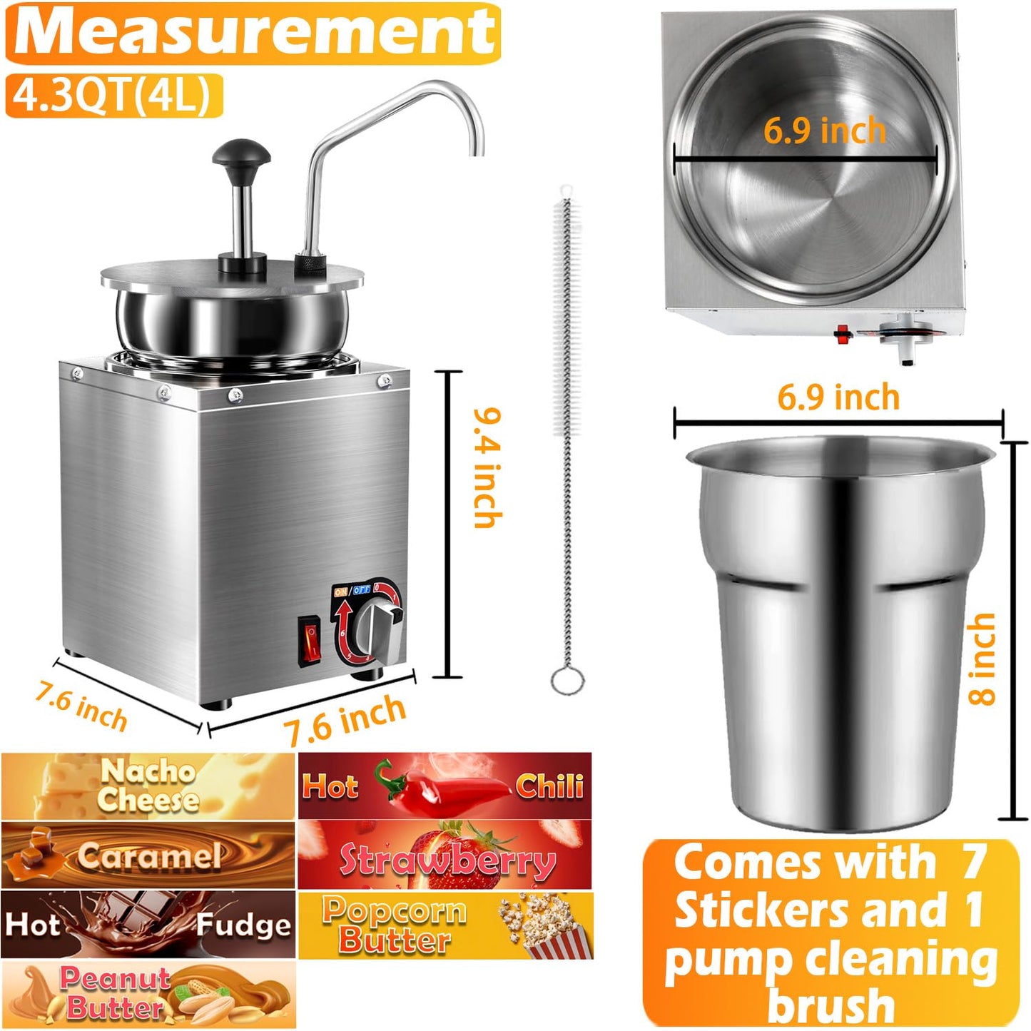 Nacho Cheese Dispenser with Stainless Steel Pump, 4.3 QT Sauce Warmer, 86-194℉ 6 Temperature Levels Adjustable Heater, Commercial Hot Fudge Chocolate, Hot Chili, Caramel, Peanut Butter Electric Warmer