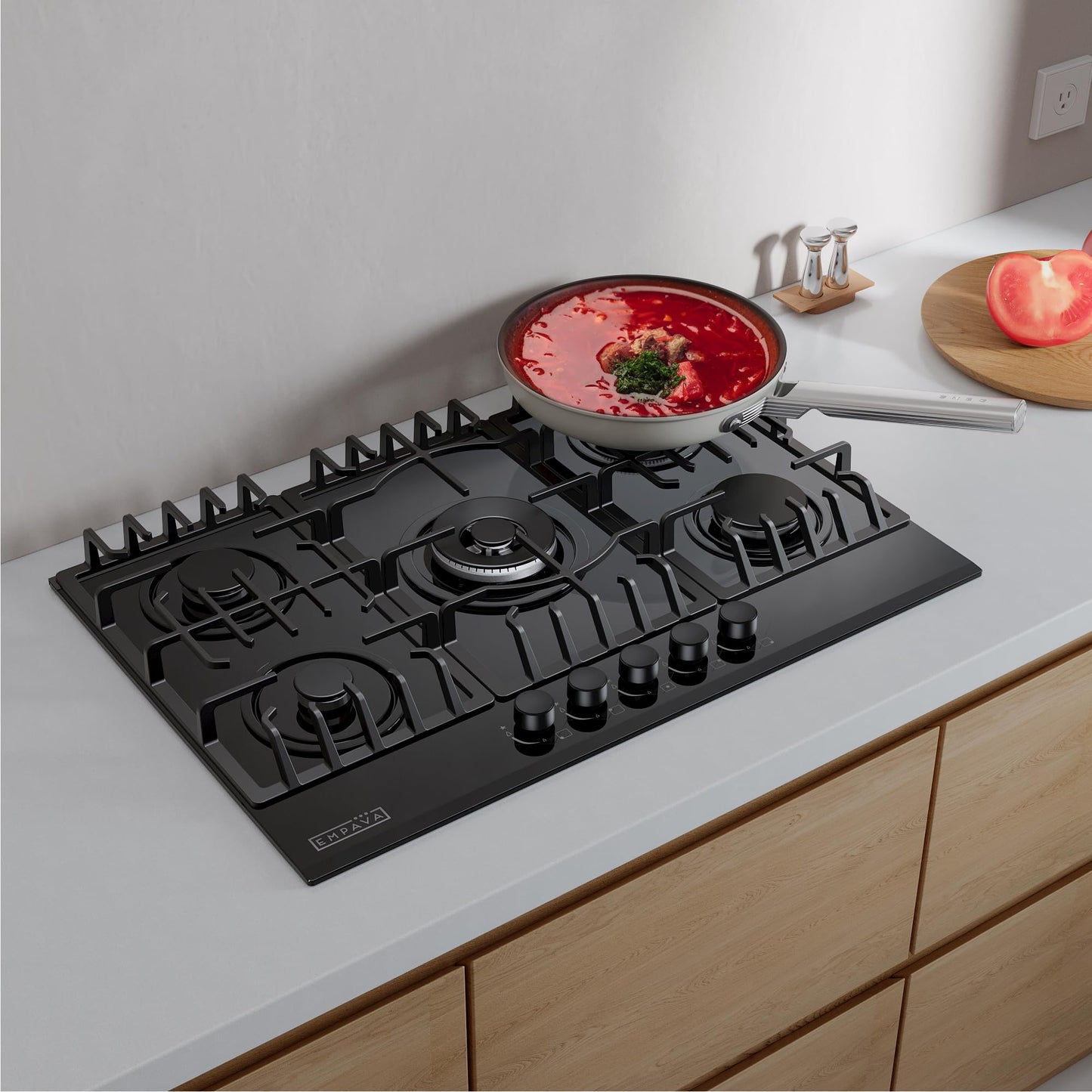 Empava 30" Gas Stove Cooktop LPG/NG Convertible with 5 Italy SABAF Burners Tempered Glass in Black, 30 Inch