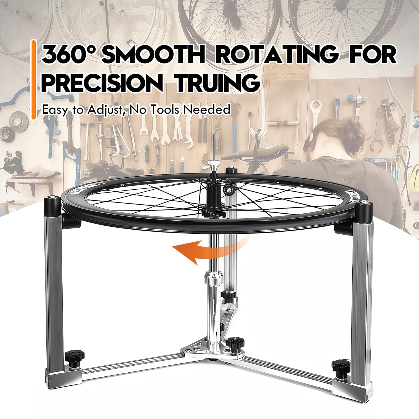 Moroayop Wheel Weaving Stand for Bike Repair – Smooth 360° Rotating Bike Wheel Truing Stand, Foldable Aluminum Alignment Tool with Rim-Safe Rollers, Fits MTB, Road & 700C (Thru Axle & QR)