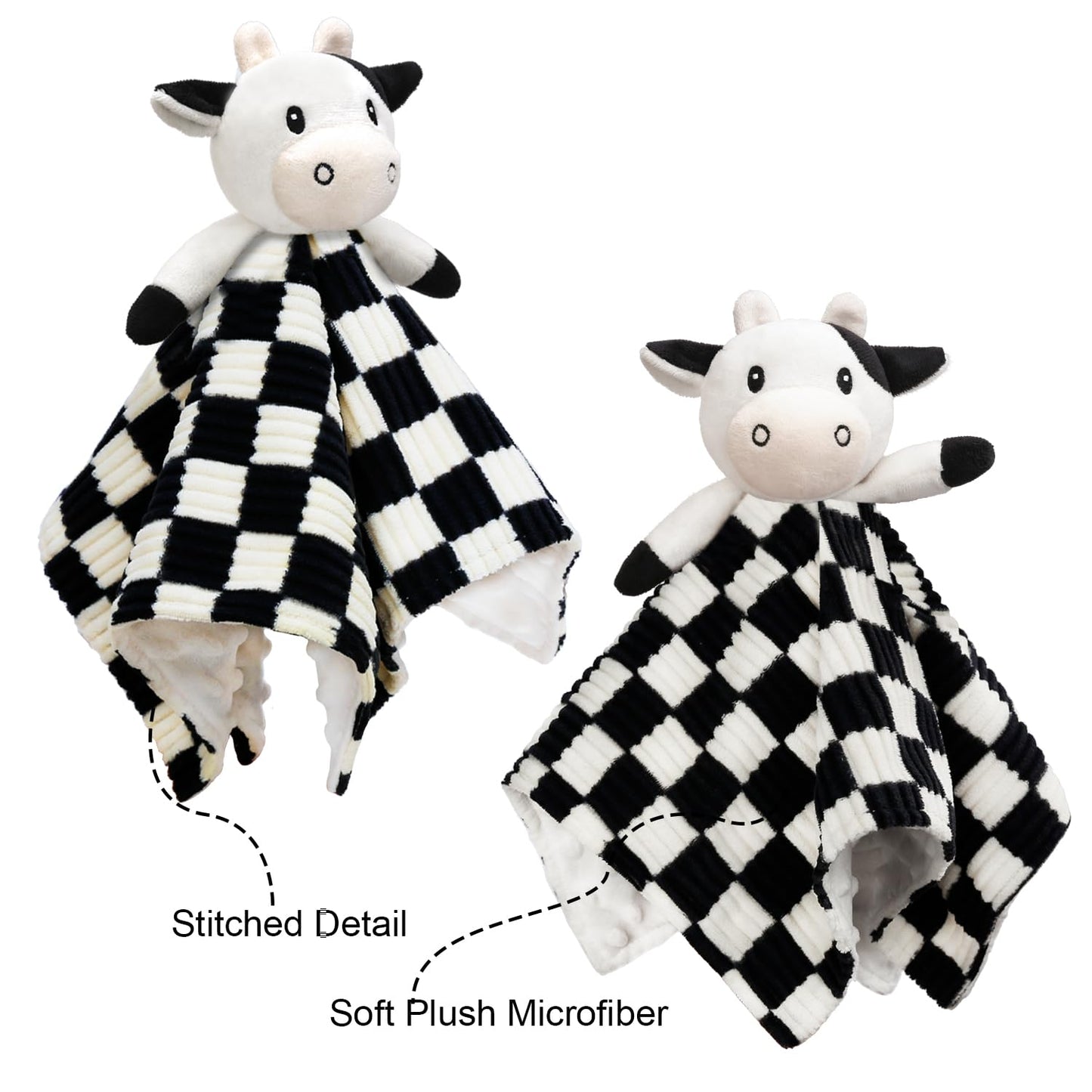 BEILIMU Cow High Contrast Baby Security Blanket for Babies, Soft 3D Checkerboard Lovey with Minky Dot Fabric Backing, Newborn Boys and Girls Snuggle Stuffed Animal Blankie 14 Inch