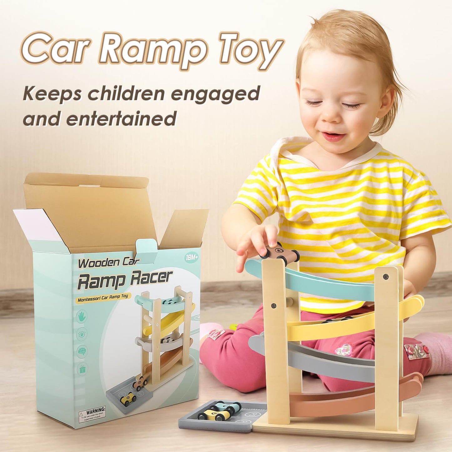 Joyreal Montessori Toddler Toys for 1 2 Year Old - 4 Level All-Wooden Car Ramp Racer Toys with 4 Mini Cars & Garages - Christmas Birthday Gifts for 1-3 Year Old Boys and Girls