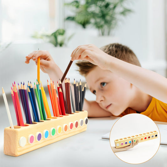 Ouluhend 11-Hole Wooden Colored Pencil Organizer - Solid Montessori Storage Holder for Kids, Students, Artists & Teachers