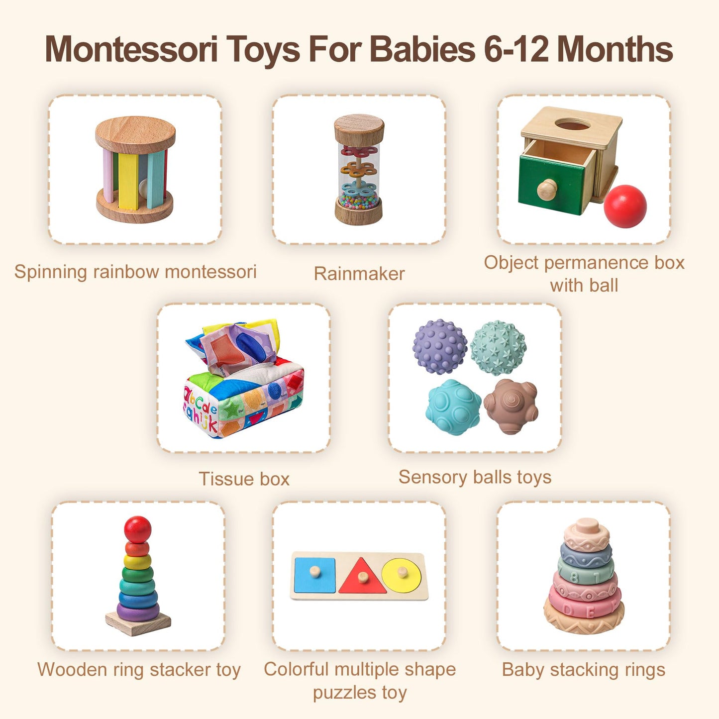 Teekdeer Montessori Toys for Babies 6-12 Months,8 in 1 Developmental Learning Toys Set Wooden Sensory Toys for Baby Toys 12-18 Months (Includes Tissue Box Toy,Stacking Cups and More)