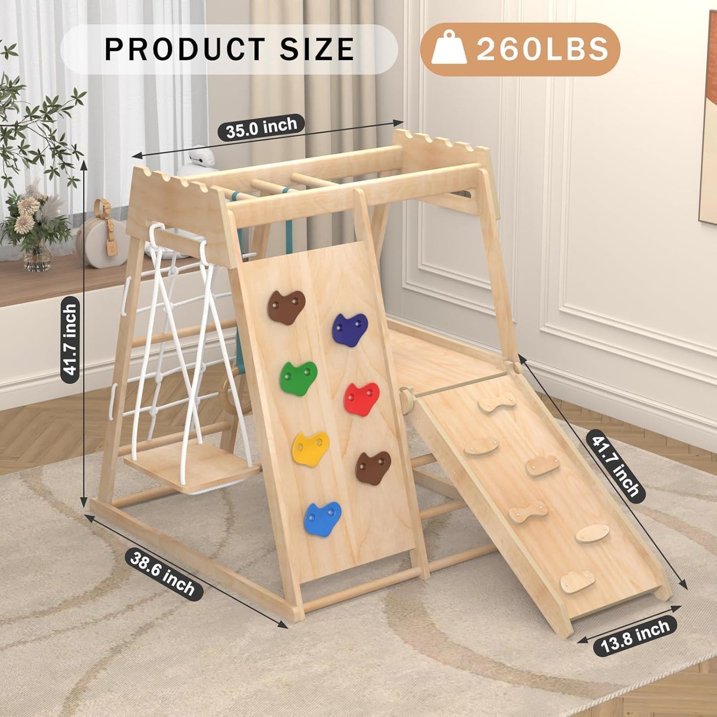 Yaofala 8-in-1 Indoor Playground, Indoor Jungle Gym for Toddlers, Kids Climbing Toys Indoor, Wooden Montessori Climber Playset with Swing, Slide, Monkey Bar, Wood Ladder, Climbing Net,Gymnastic Rings