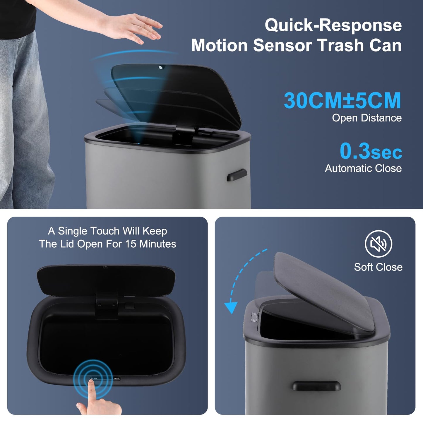 PrecisionAuto 14.5 Gal/55L Motion Sensor Trash Can, Touchless Automatic Garbage Bin with Soft-Close Lid & Handle, Rectangular Waste Basket for Kitchen, Bathroom, Bedroom, White(No Inner Bucket)