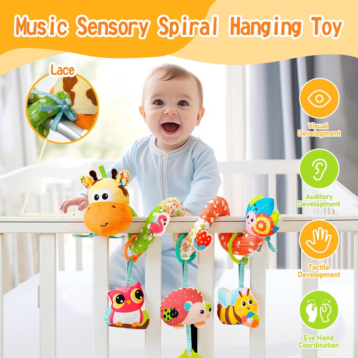 Jollybaby Crib Stroller Car Seat Toys for Baby 0-3-6-9-12 Months, Tummy Time Hanging Sensory Toys for Newborn with Music Box and Teether, Spiral Carseat Toy for Infant Boys Girls Gifts (Yellow)