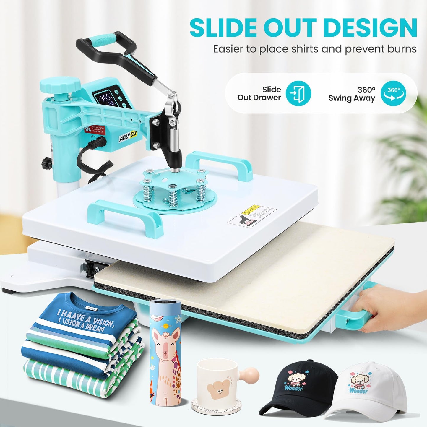 AKEYDIY Heat Press 15x15 inch 8 in 1 with 30OZ Tumbler Press, 360° Swivel Away Slide Out Digital Shirt Press Machine, Industrial Heat Transfer Machine Sublimation for T-Shirt/Tumbler/Mug/Hat/Cap/Plate
