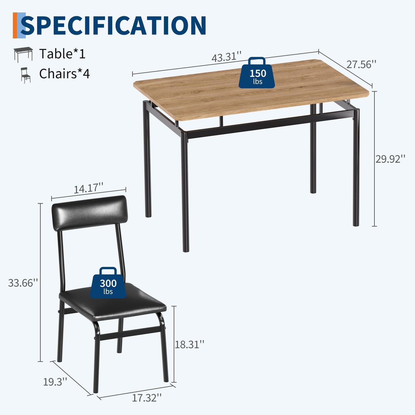 Takywep Dining Table Set for 4, 5 Piece Wooden Kitchen Table with PU Upholstered Chairs, Sturdy Industrial Metal Frame, Space-Saving Design for Apartment, Breakfast Nook