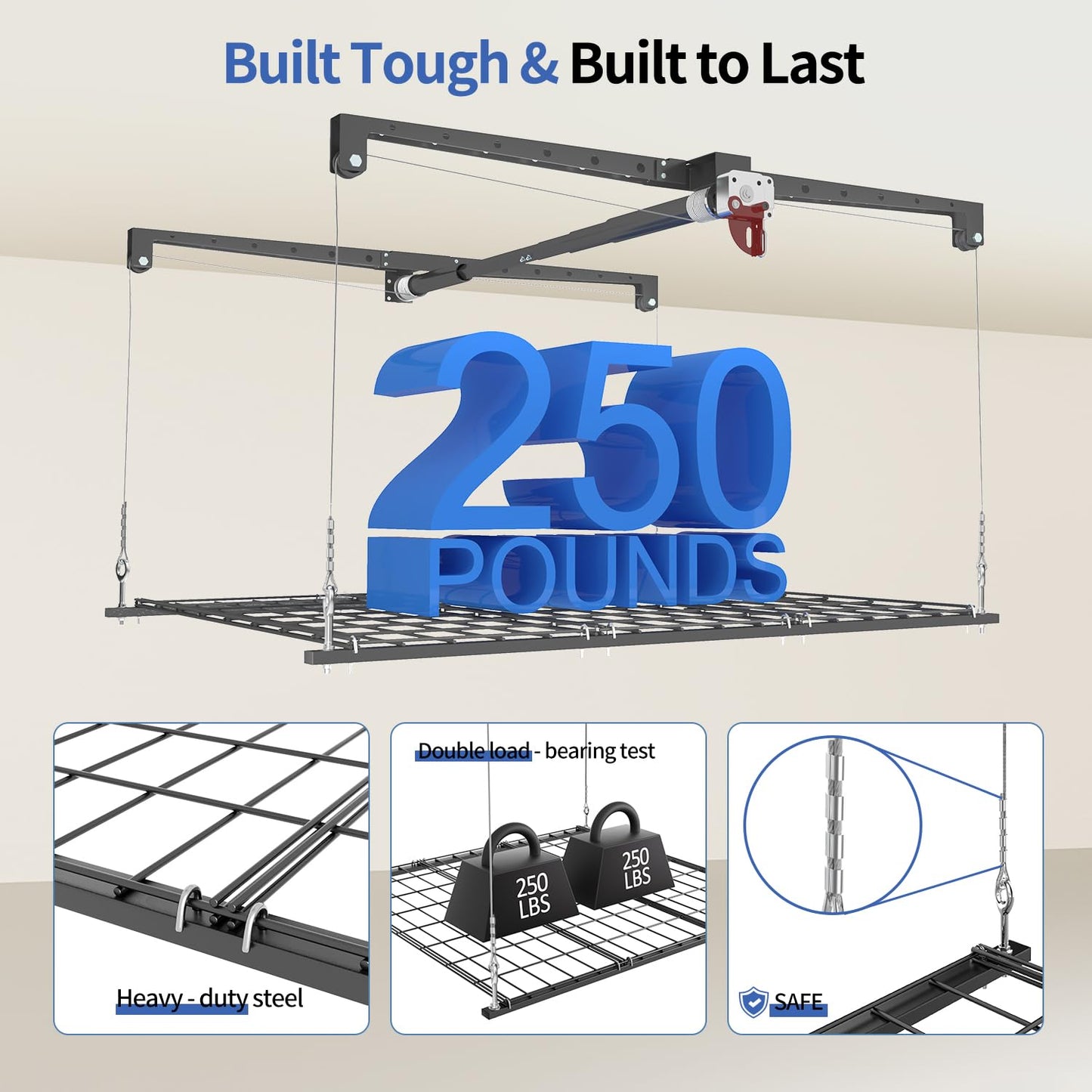 KOKORACKER Overhead Garage Storage Lift, Adjustable Heavy-duty 4x4 Ft Ceiling Racks with Safety Lock, Ideal for Storage Lifting Organization System, 250lbs Capacity
