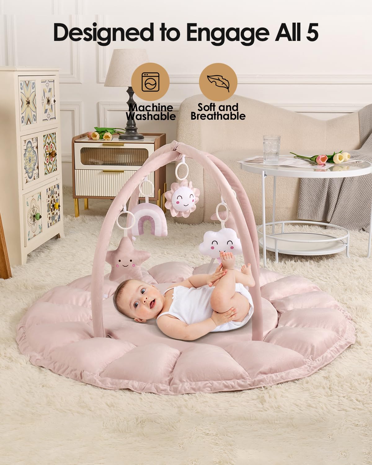 Deekuiwi 5-in-1 Convertible Baby Gym Play Mat with Hanging Toys, Soft Padded Activity Center & Ball Pit, Plush Tummy Time Mat for Newborns to Toddlers, Machine Washable, Pink