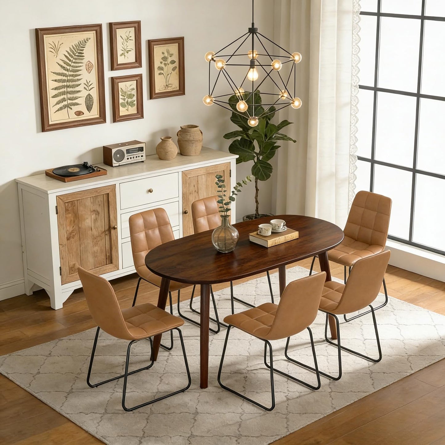63" Oval Dining Table Set for 6, 7 Piece Modern Dining Table Set for Kitchen and Dining Room, Solid Wood Legs Dining Table with 6 Checkered PU Leather Dining Chairs（Walnut Table+6 Brown Chairs)
