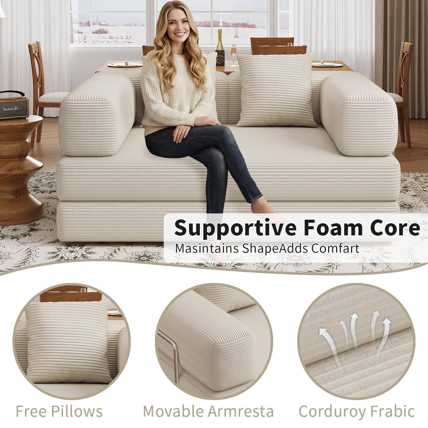 BSHOMGI 4 in 1 Futon Sofa Bed Queen Size - Foldable Convertible Sleeper Sofa Couch, Removable Washable Corduroy Cover, Space Saving Floor for Living Room (Beige, 53.15" Double Sofa)