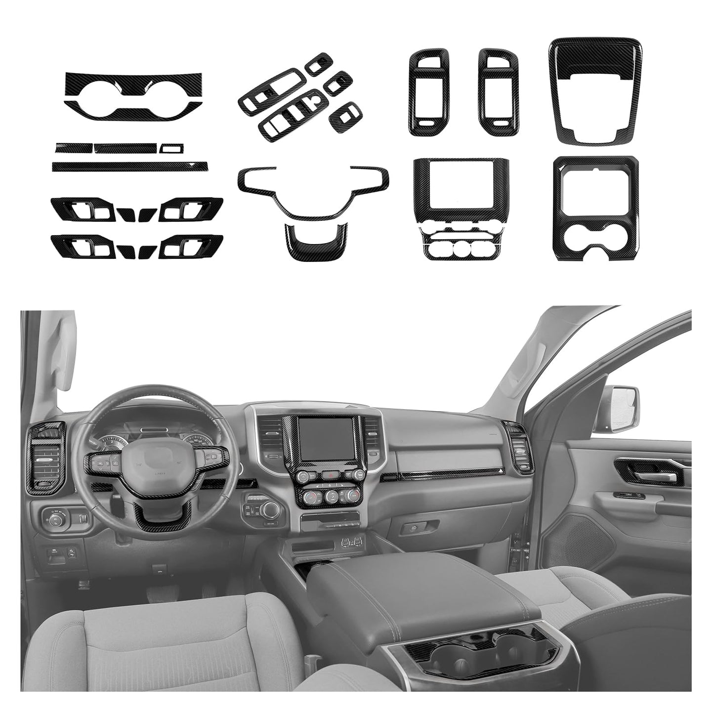 JeCar 27PCS Carbon Fiber Interior Trim Kit for 2018-2023 Dodge RAM 1500 Interior Accessories