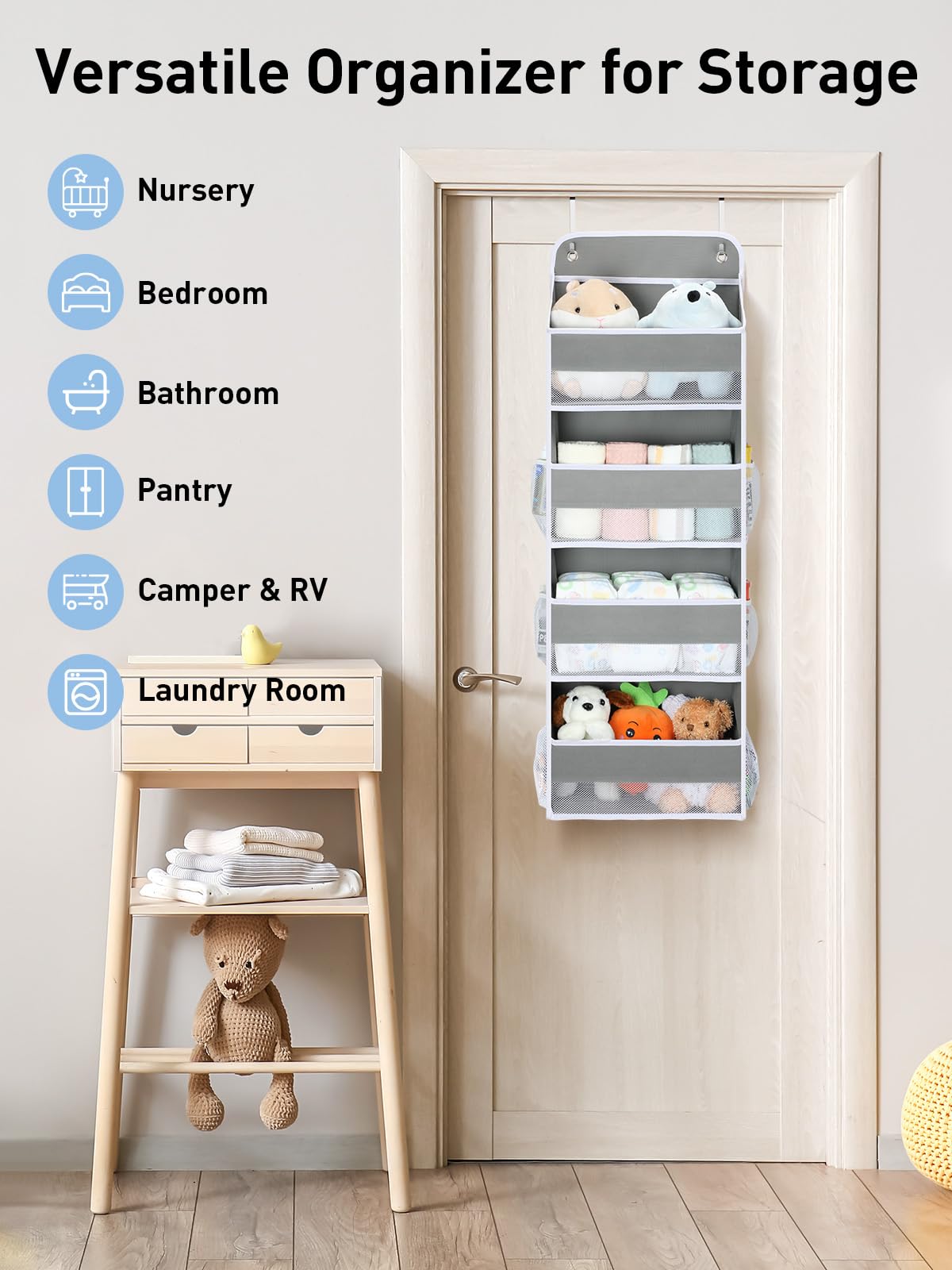 Yecaye 1 Pack Over the Door Organizer, 35.2lbs Load Toy Stuffed Animal Storage, Swing-proof Hanging Bathroom Organizers and Storage for Nursery Newborn Baby Essential Stuff Dorm Room Essentials