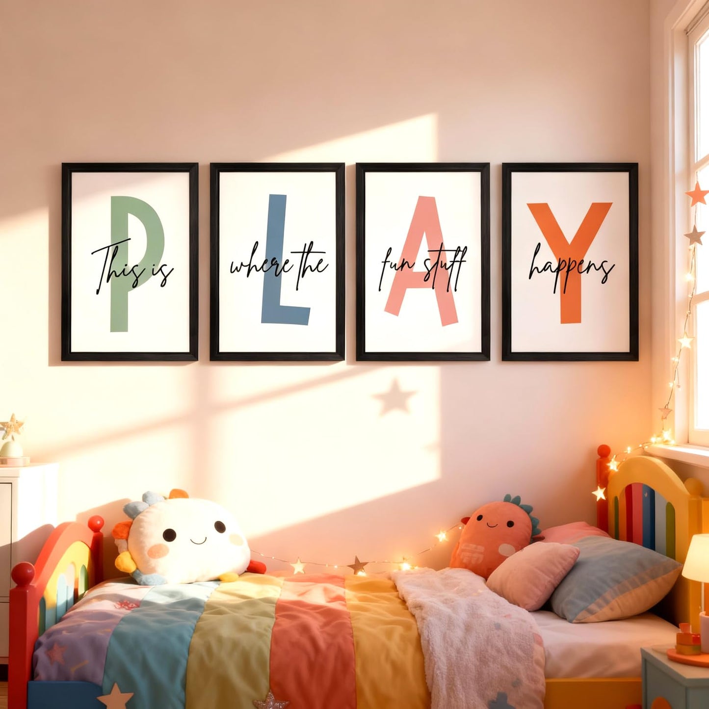 Cute Alphabet Play Framed Wall Art Set of 3, Natural Educational Alphabet Wooden Sign for Baby Girl Kid Boy Toddlers, Black Boho Preschool English Letters Nursery Decor for Homeschool Playroom
