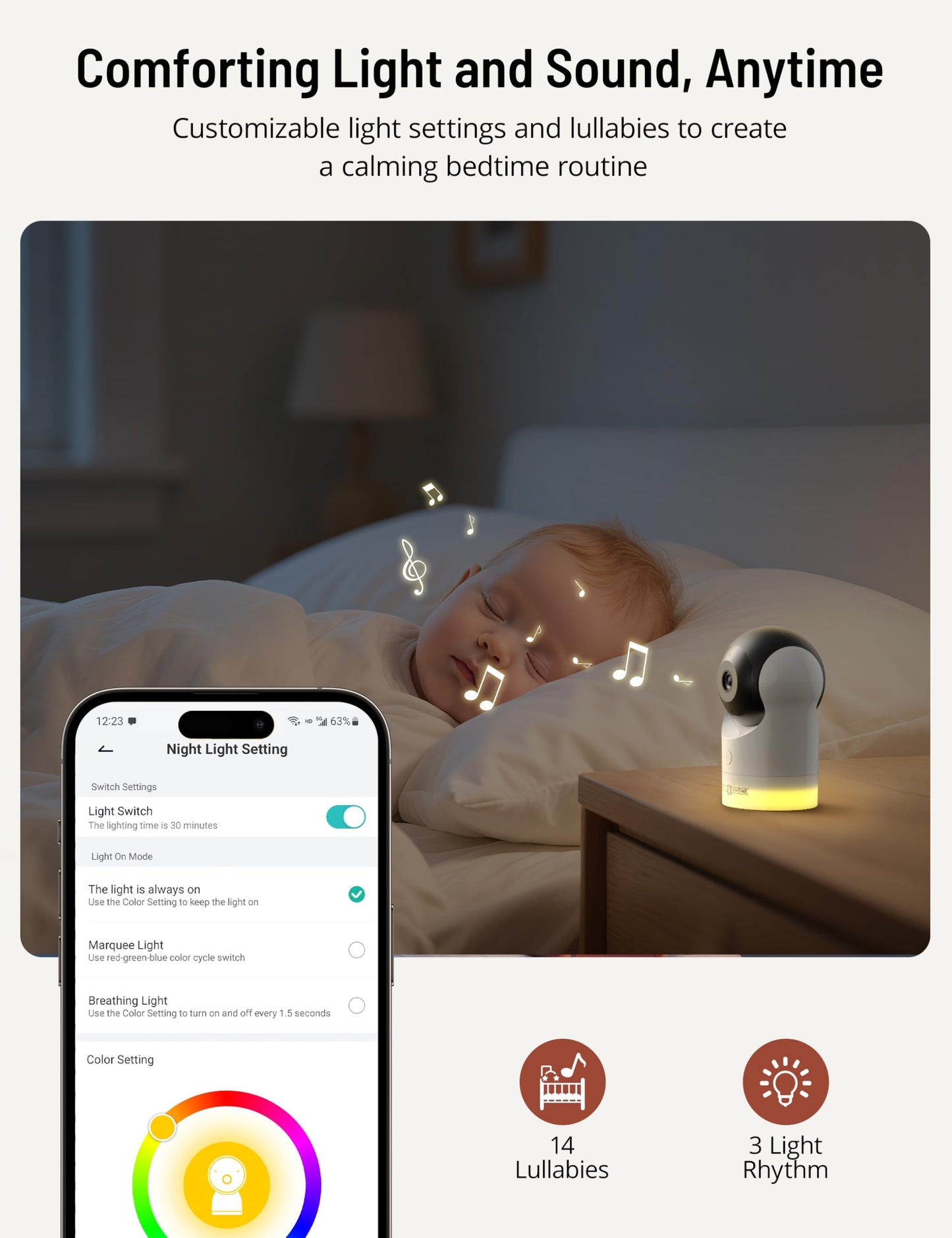 PARIS RHÔNE Video Baby Monitor, 2K UHD WiFi Camera, Night Vision, 5” Smart Baby Monitor with App Control, Motion and Cry Detection, AI Tracking, Three-Way Audio, RGB Night Light, Lullabies