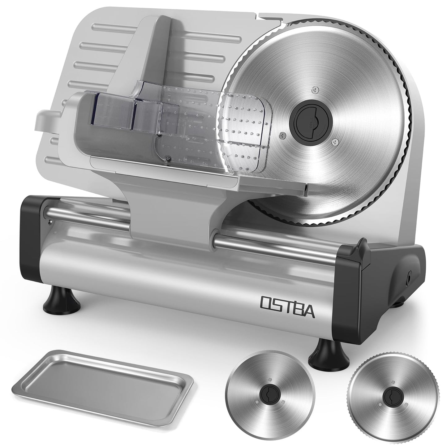 OSTBA Electric Meat Slicer with 200W DC Motor, 2 Removable 8.7” Stainless Steel Blades, Adjustable Thickness 0–15mm, Food Tray & Hand Grip, Deli Food Slicer for Meat, Cheese, Bread, Vegetables