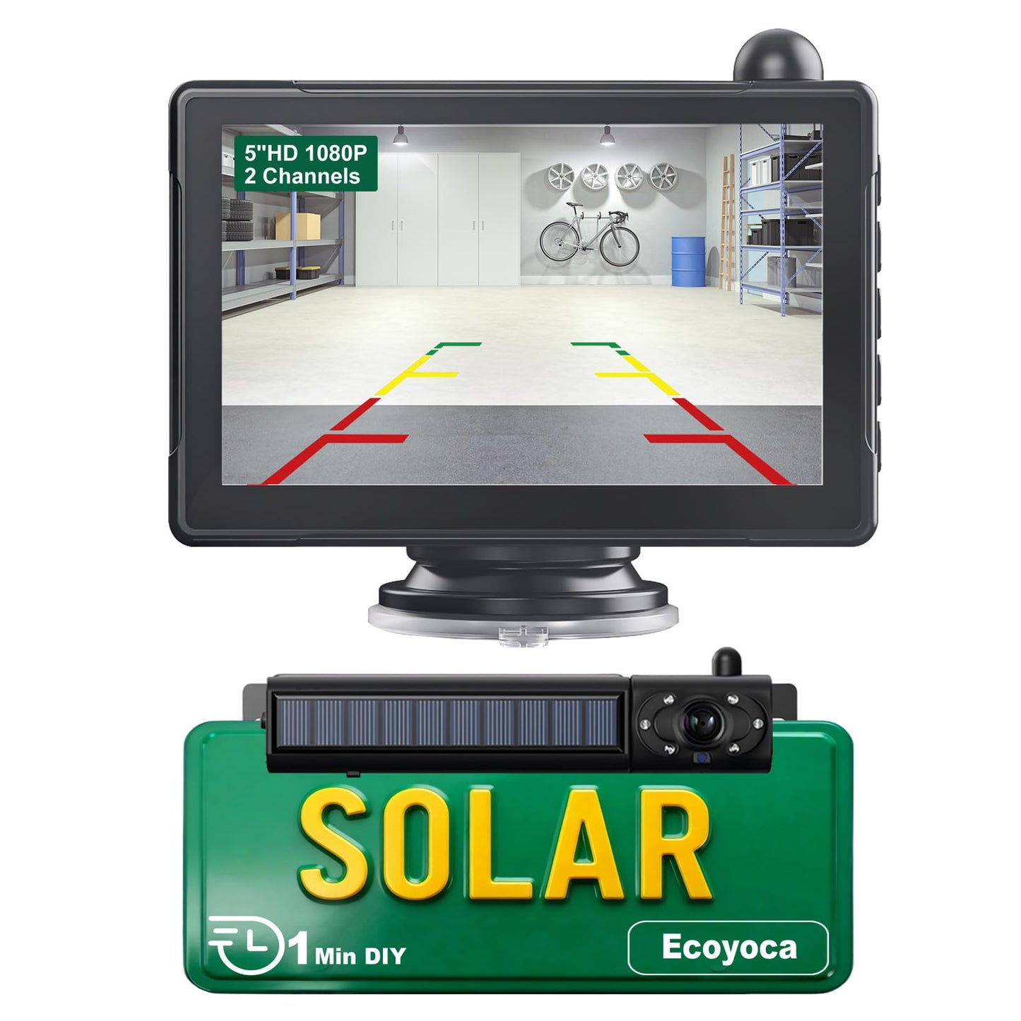 Ecoyoca Solar Wireless Backup Camera 5'' HD Split-Screen Monitor Reversing Camera Stable Signal Dual Channel Back Up Kit Easy Installation Night Vision Waterproof Reverse Camera for Car RV Van SUV