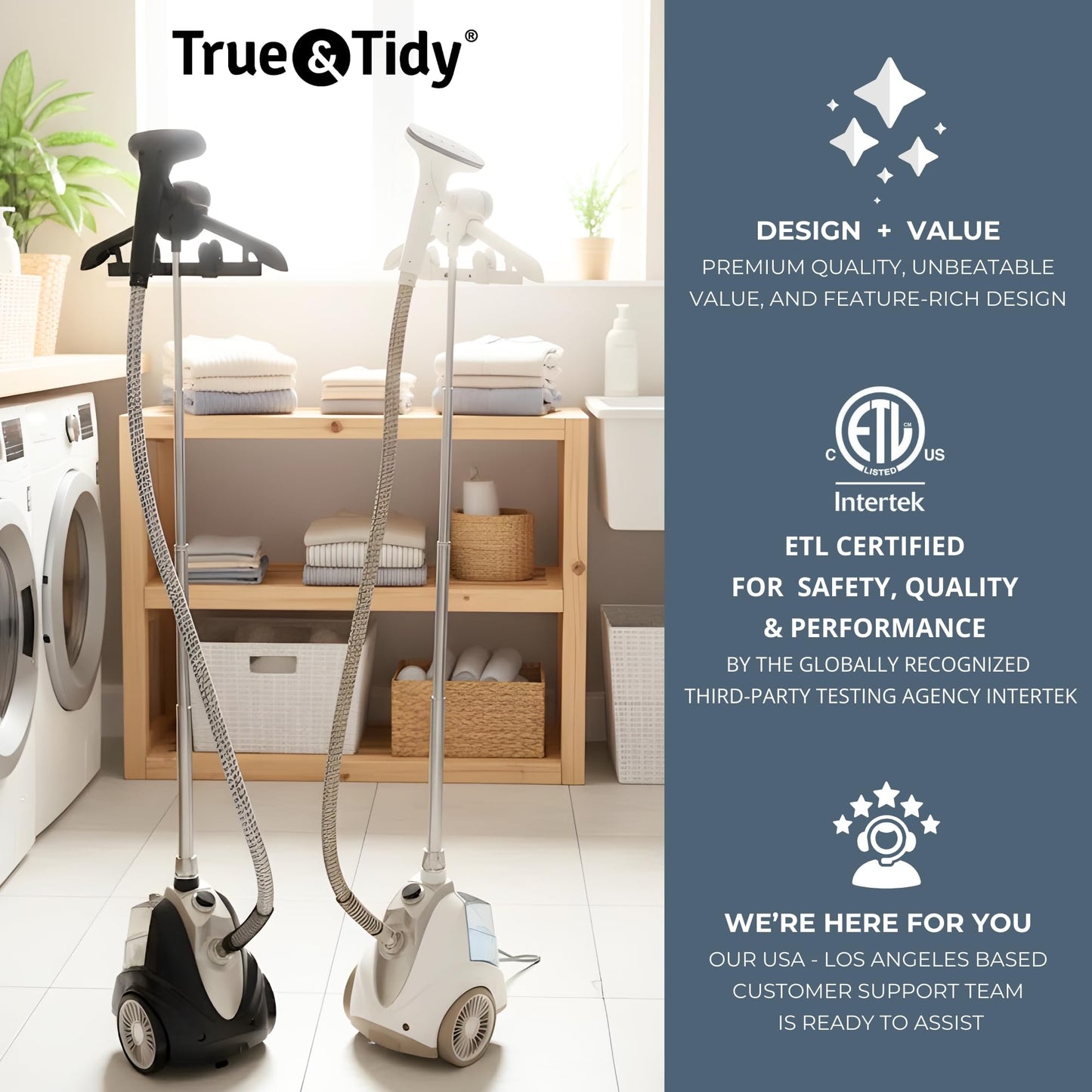 True & Tidy Luxury Standing Garment Steamer with 10 Steam Settings, Smart Auto Shut-Off 1800 Watt Powerful Clothes Steamer, Fast Heat Up, Wrinkle Removal for Home and Business Use