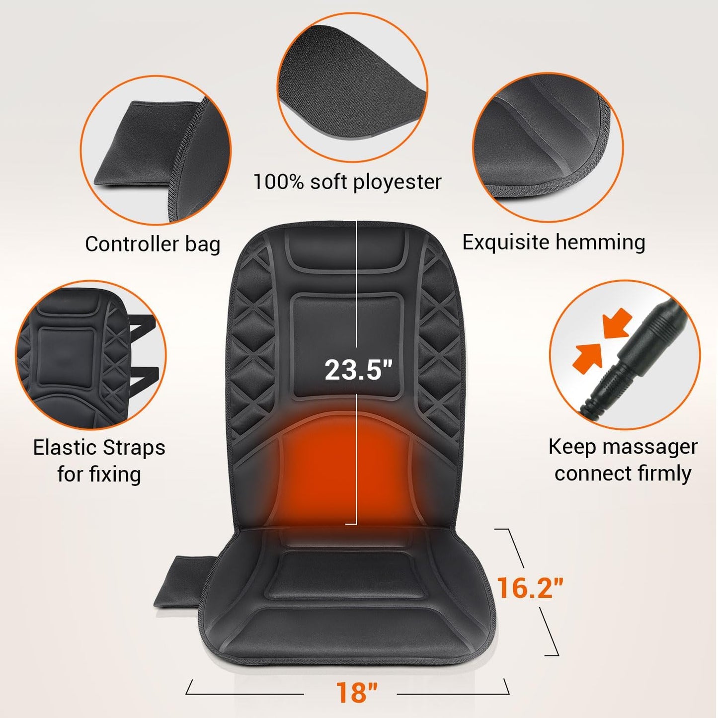 CARSHION Back Massager with Heat,Heated Seat Cover Cushion with 5 Vibrating Massage Nodes & 2 Heat Levels Massage Chair Pad for Pain Relief Home Office Use