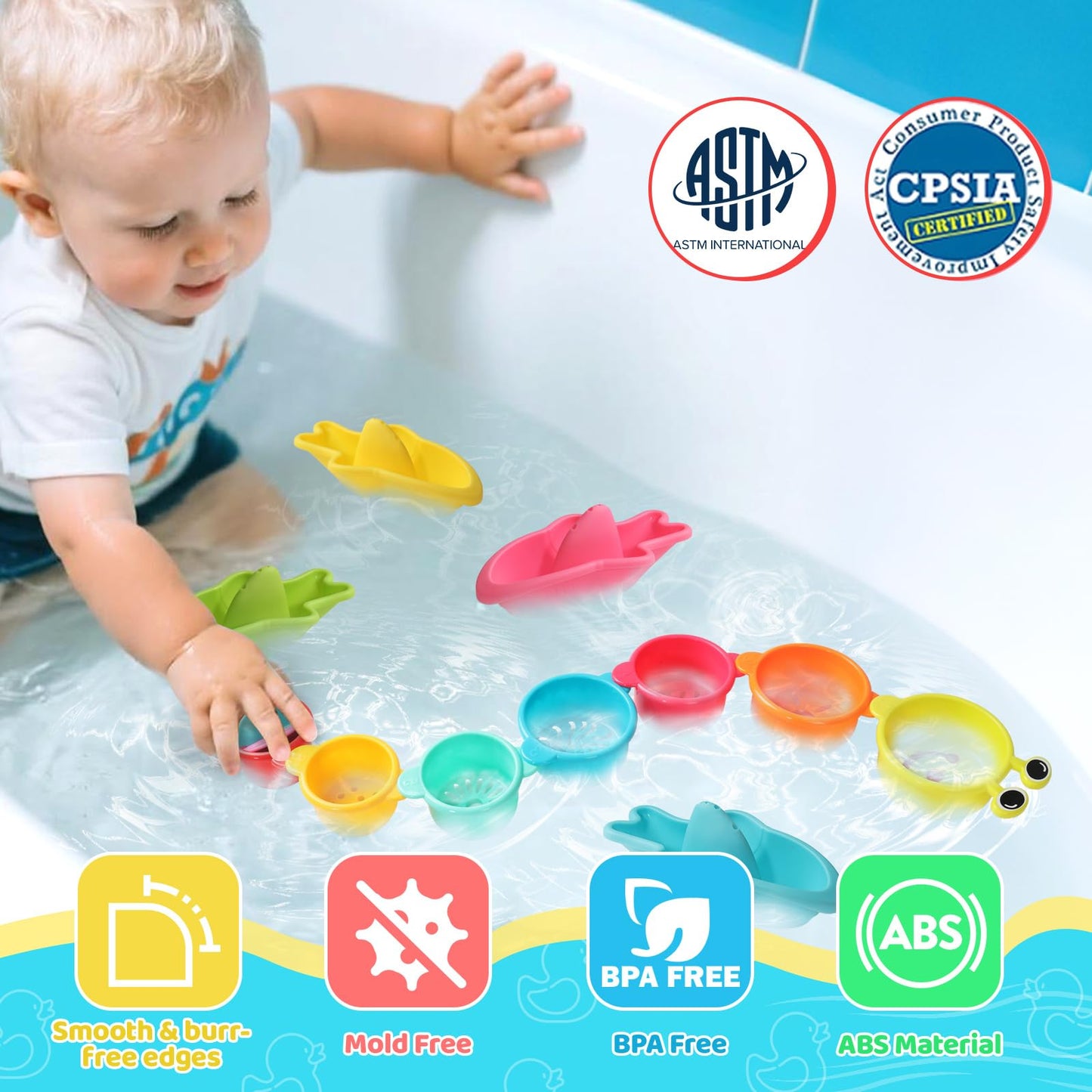 Zeewoo Baby Bath Toys for Kids Ages 1-3 Toddler Bath Toys Mold Free Bathtub Toys for 12+ Months Pool Water Table Beach Sand Toys Stacking Cups Floating Boats for 1+ Years Old Girls Boys Gifts 11 PCS