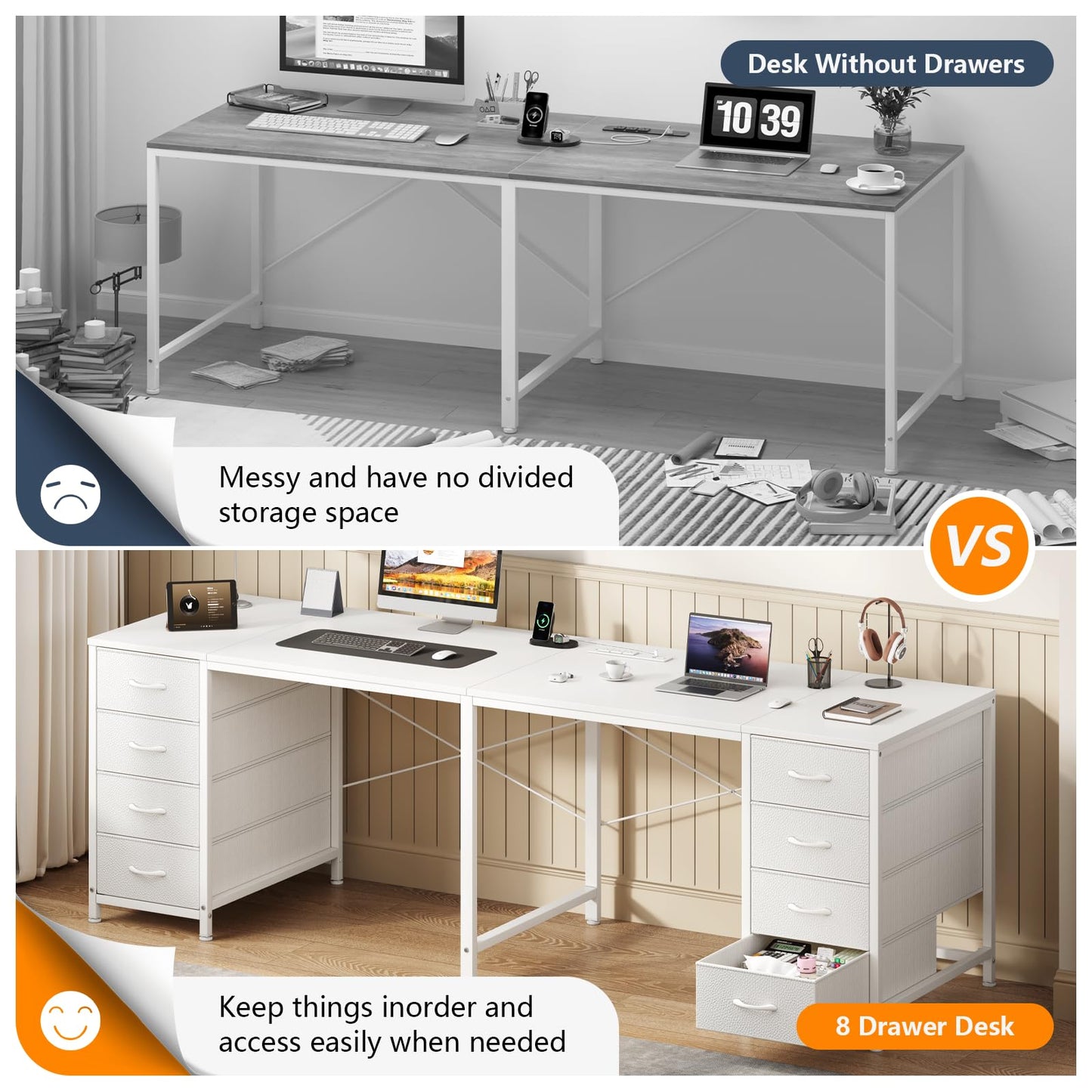 TVU 2 Person Desk with 8 Drawers, Large Home Office Computer Desk with Power Outlets, 78 Inch Long Double Desks for Two People, White