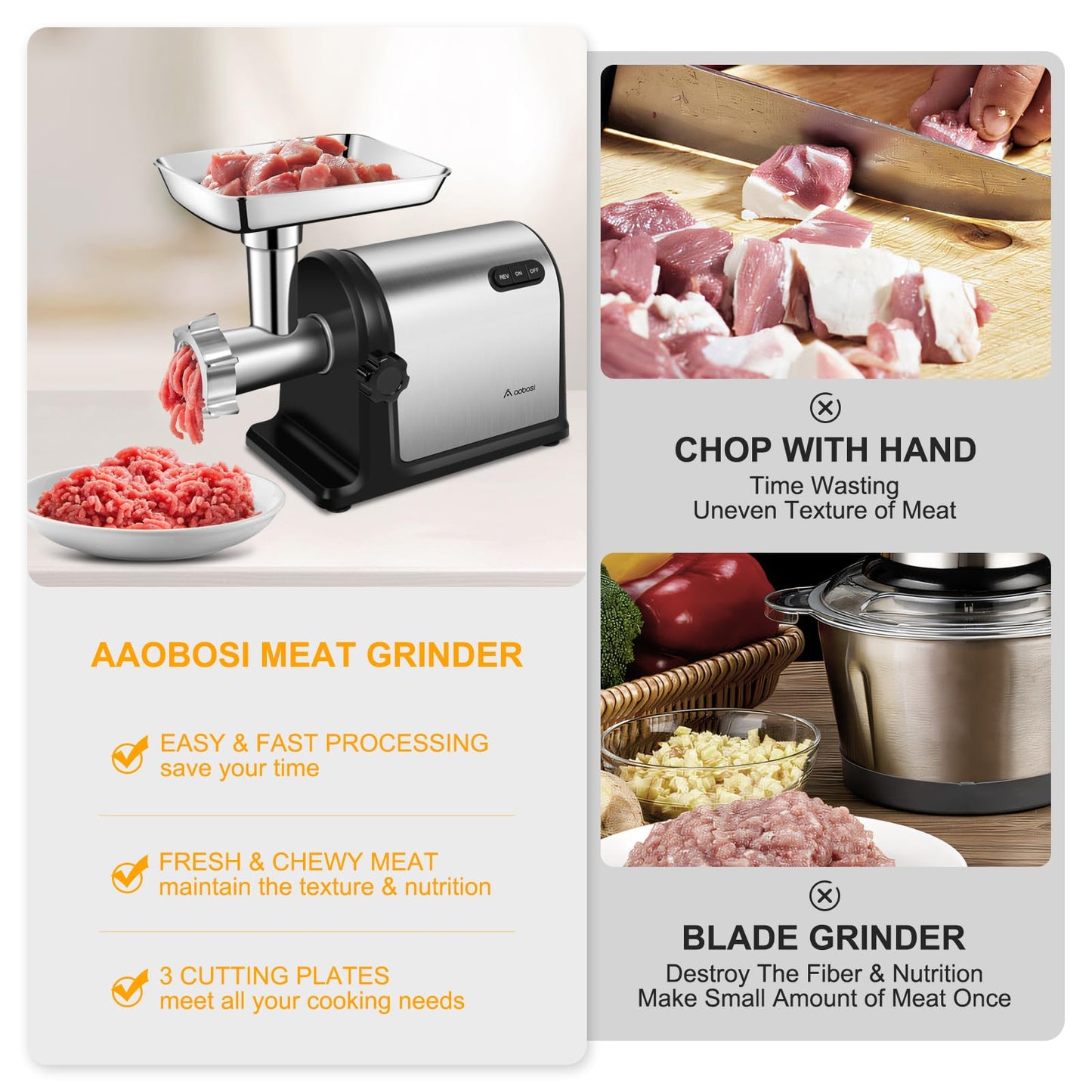 AAOBOSI Electric Meat Grinder #10 | 3000W Max | 3 Stainless Steel Plates | 3 Sausage Stuffers | Stainless Steel Blade | Kubbe Maker | One-Button Control