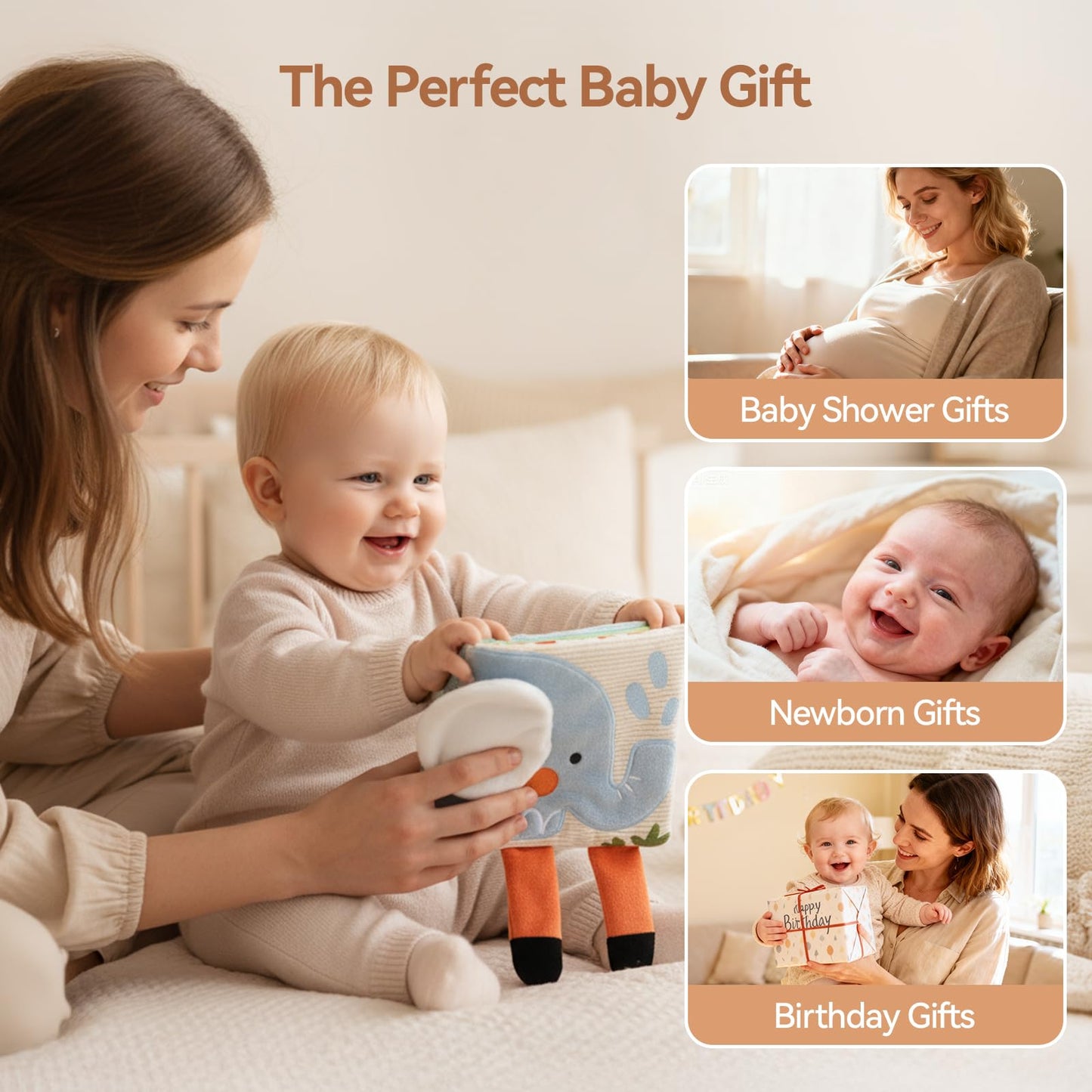 Macabaka Montessori Soft Baby Book - Sensory Book for Babies 0-12 Months with Crinkle Paper, Touch & Feel Textures, Baby Safe Mirror & Teether. Educational Infant Toys for Tummy Time, Newborn