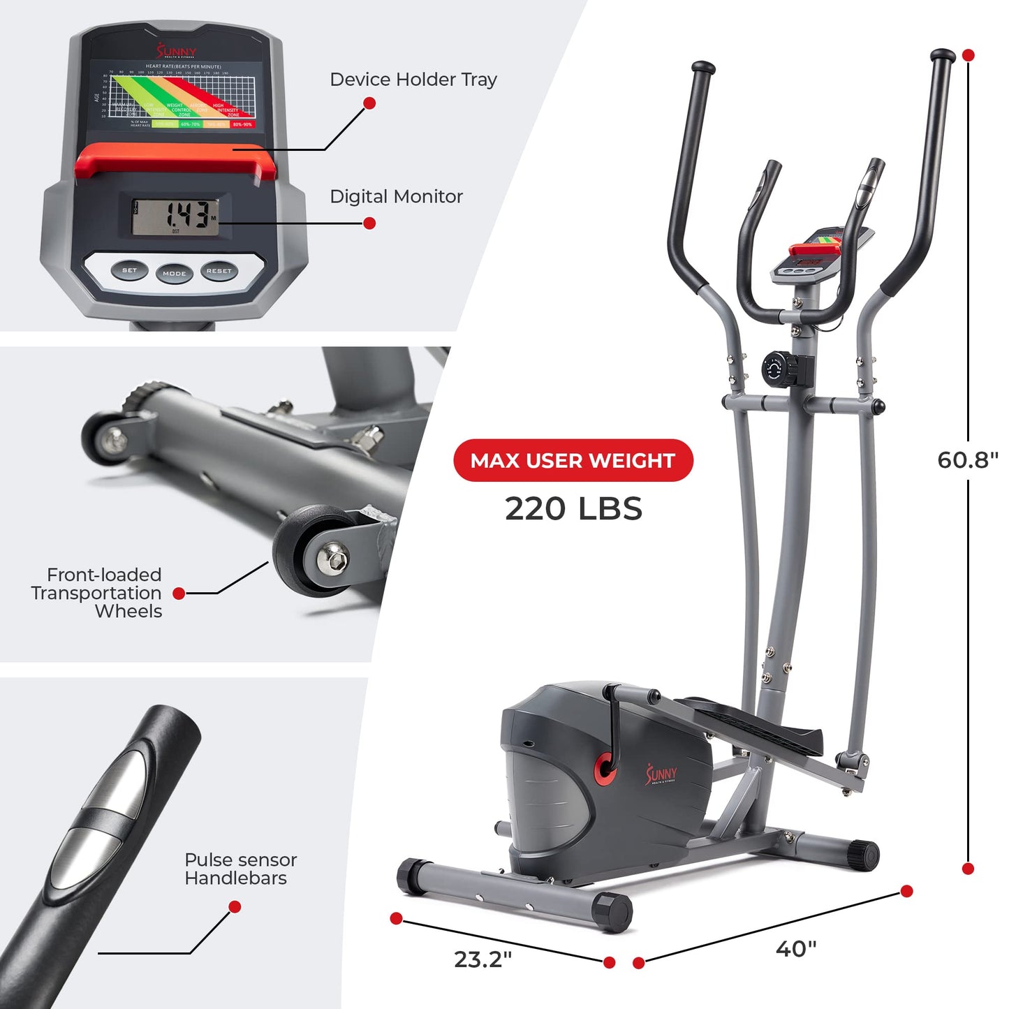 Sunny Health & Fitness Performance Compact Elliptical Machine with 8-Level Adjustable Resistance, Pulse Sensor & Exclusive SunnyFit App Enhanced Bluetooth Connectivity - SF-E320033