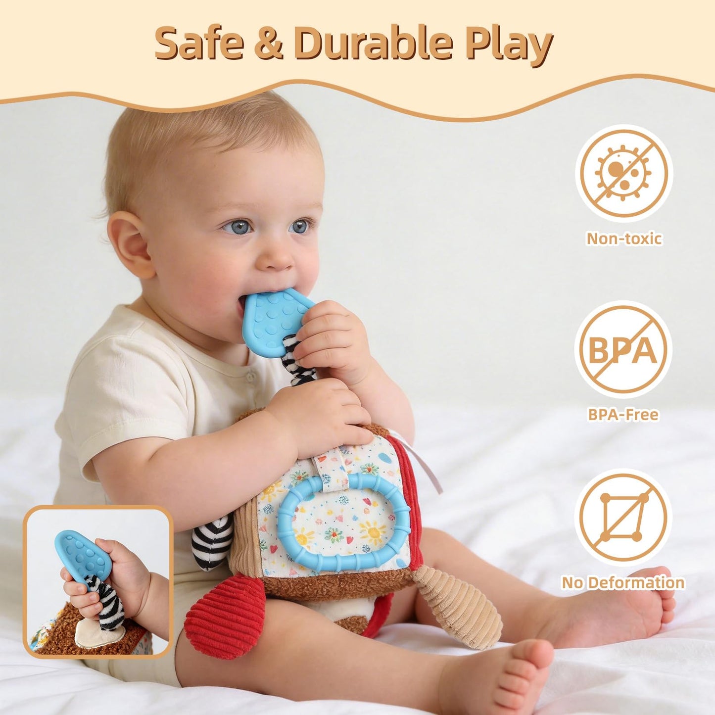 littlove Hanging Baby Toy Cube for Car Seat, Infant Sensory Toys 0-6-12 Month, Montessori Plush Toys for Plane Travel Game Activity with Crinkle, Squeaky, Textures, Mirror Nowborn Baby Boy Girl Gifts
