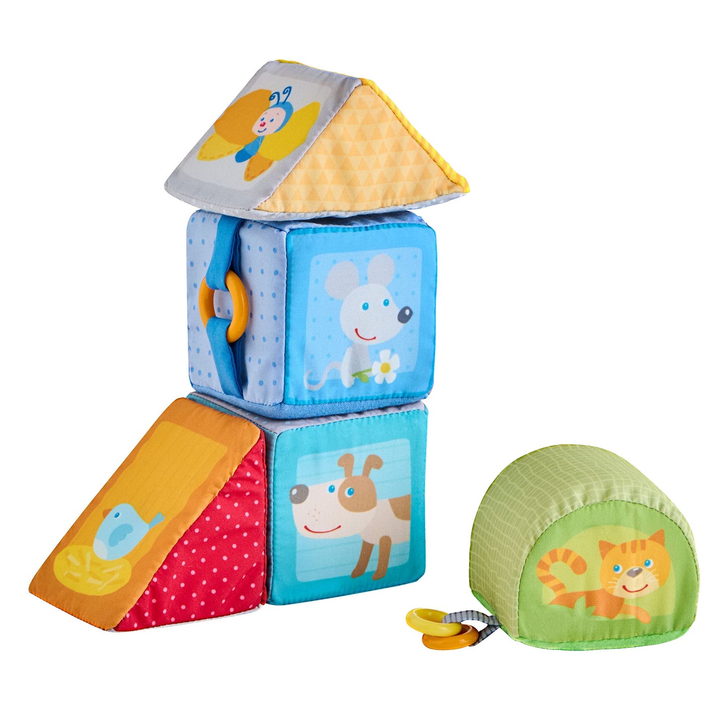 HABA Animal Soft Baby Blocks for 6-12 Months - 5 Geometric Shape Baby Sensory Toys with Rattle, Mirror, Squeaker & Crinkle Foil, Soft Building Blocks for Babies 6-12 Months
