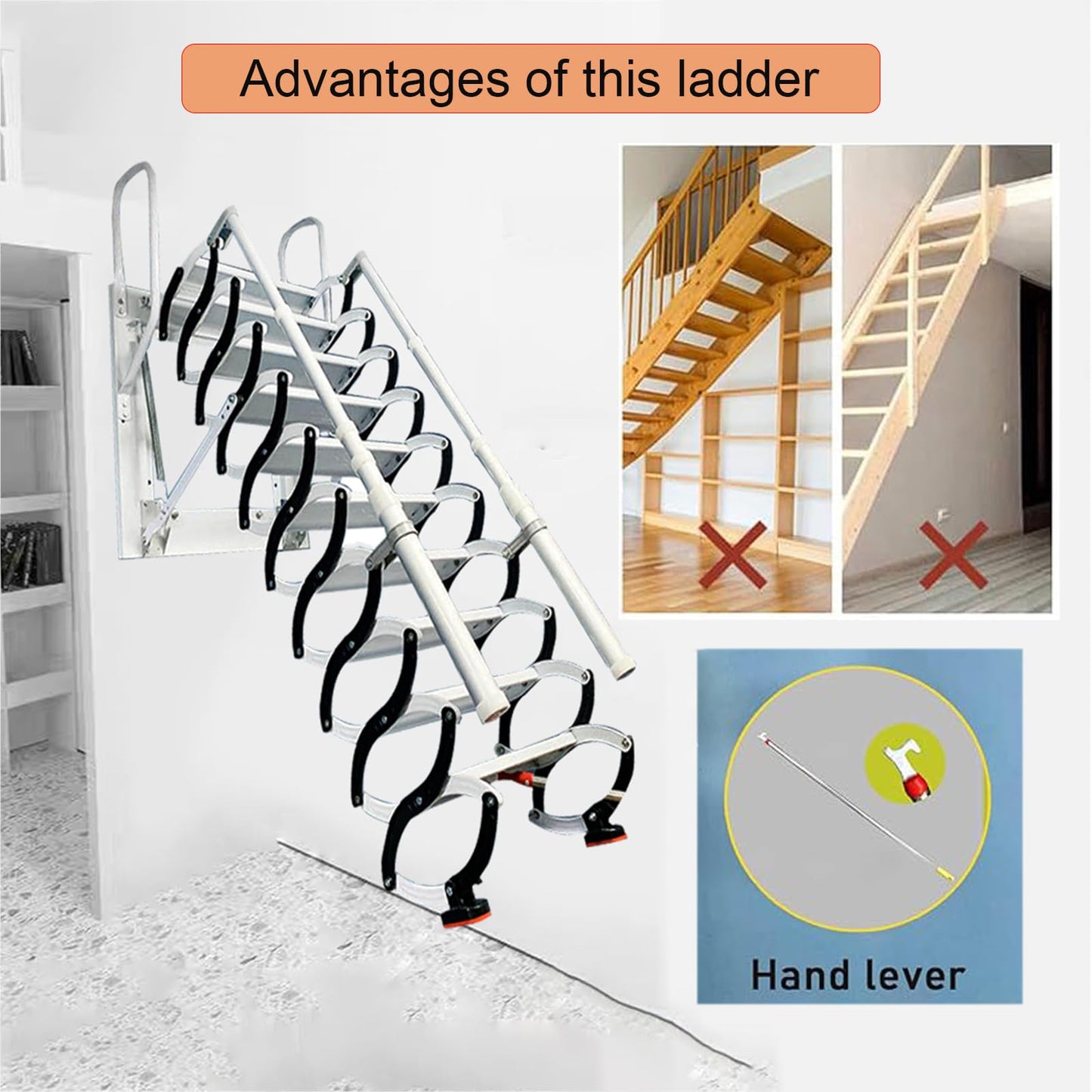 10FT Wall Mounted Retractable Attic Ladder, Folding Loft Stairs with 2 Handrails & Pull-Down System, Extra Wider Attic Stairs for Indoor, for Indoor, Garage, Basement, Storehouse, 660lb (12 Steps)