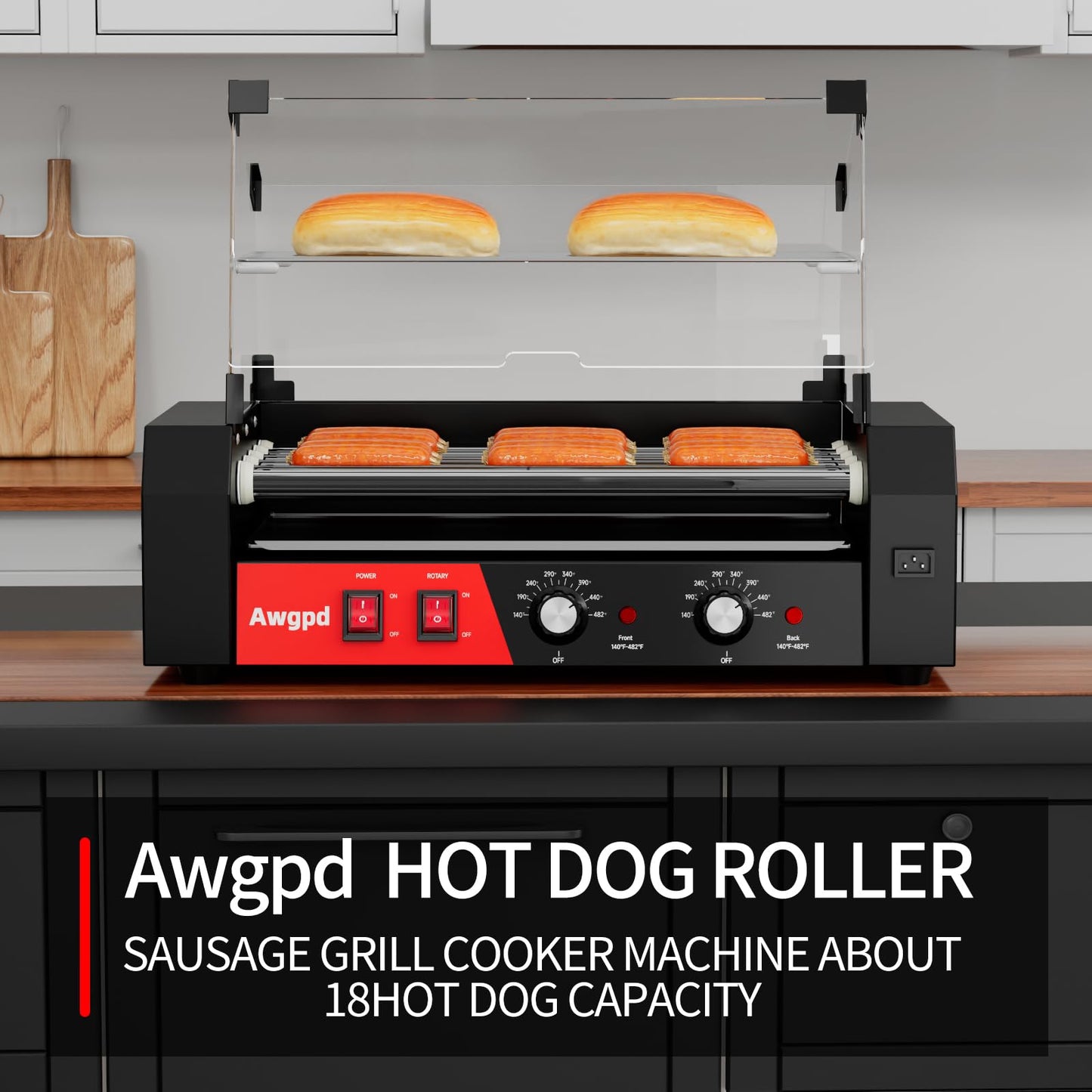 Hot Dog Roller 5 Rollers 12 Hot Dogs Capacity, 750W Stainless Steel Hot Dog Roller Machine with Dual Temp Control,Removable Drip Tray for Party Home Commercial (5 Rollers)