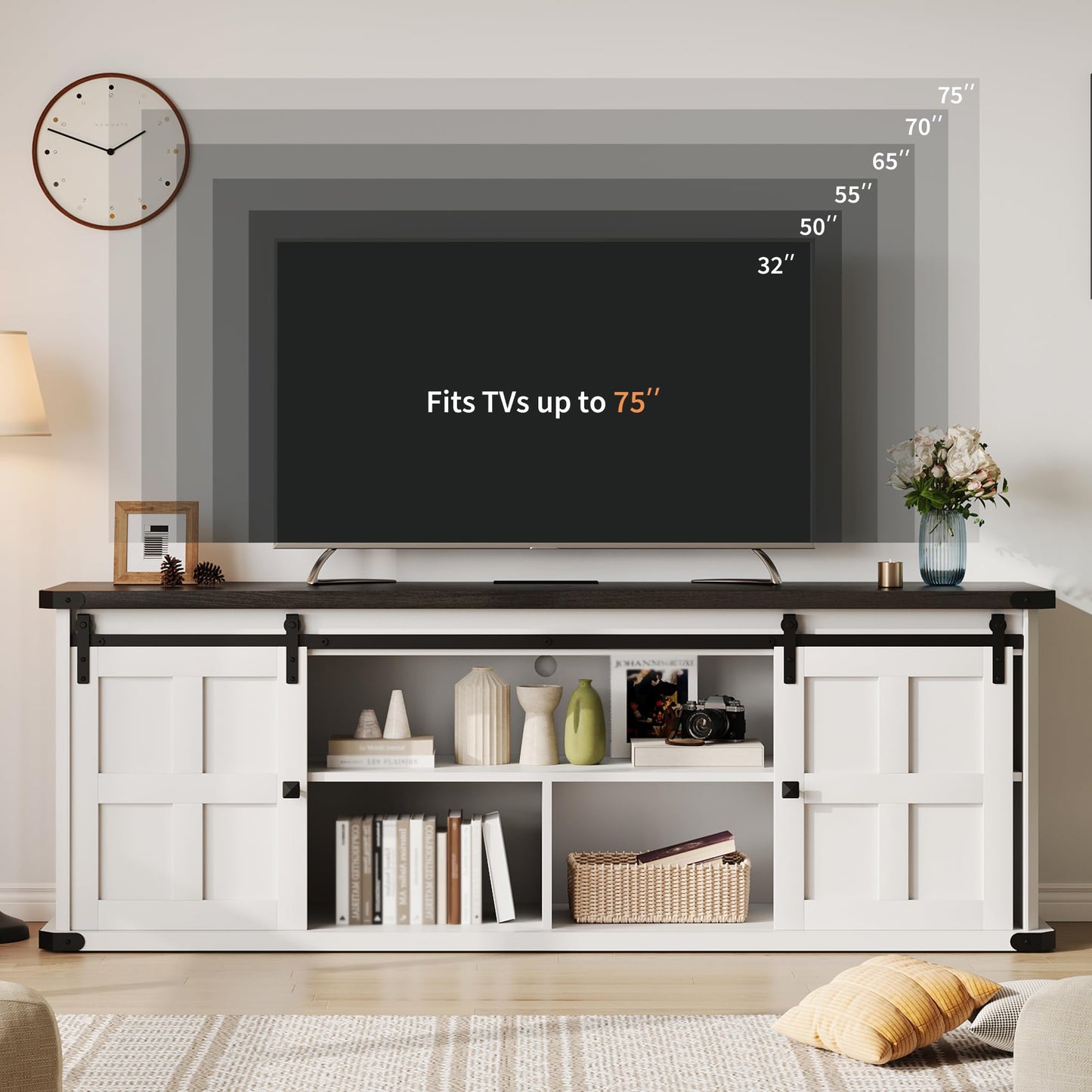 GAOMON 70" Farmhouse TV Stand for 80/75/70 Inch TVs,Entertainment Center Storage Cabinets w/Power Outlets and Sliding Barn Door,Rustic TV Stands for Living Room,Media Console Cabinet (Black/White)