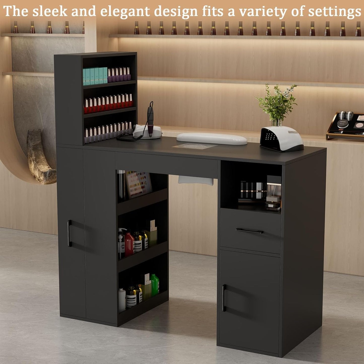 GOFEI Professional Nail Desk for Nail Tech with Storage Cabinet and Fan – Modern Nail Table for Salon, Nail Tech Table with Drawer, Armrest & Dust Collector,Manicure Table Nail Desk (Black)