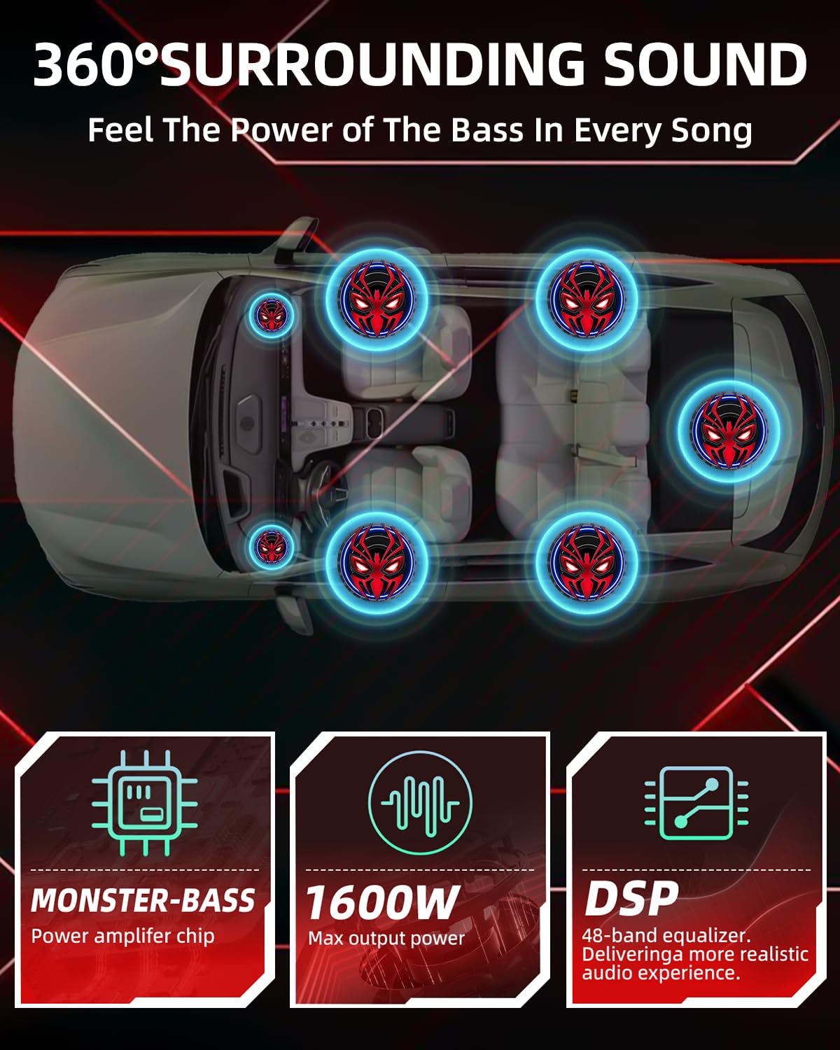 SUBPULSIX 1600W Slim Under seat Car Subwoofer and Amp Package, Powered Subwoofer with Built-in Class D Amplifier, Cast Aluminum Body, LED Ambient Light Switch, Deep Bass Subwoofer for Car, Truck, SUV
