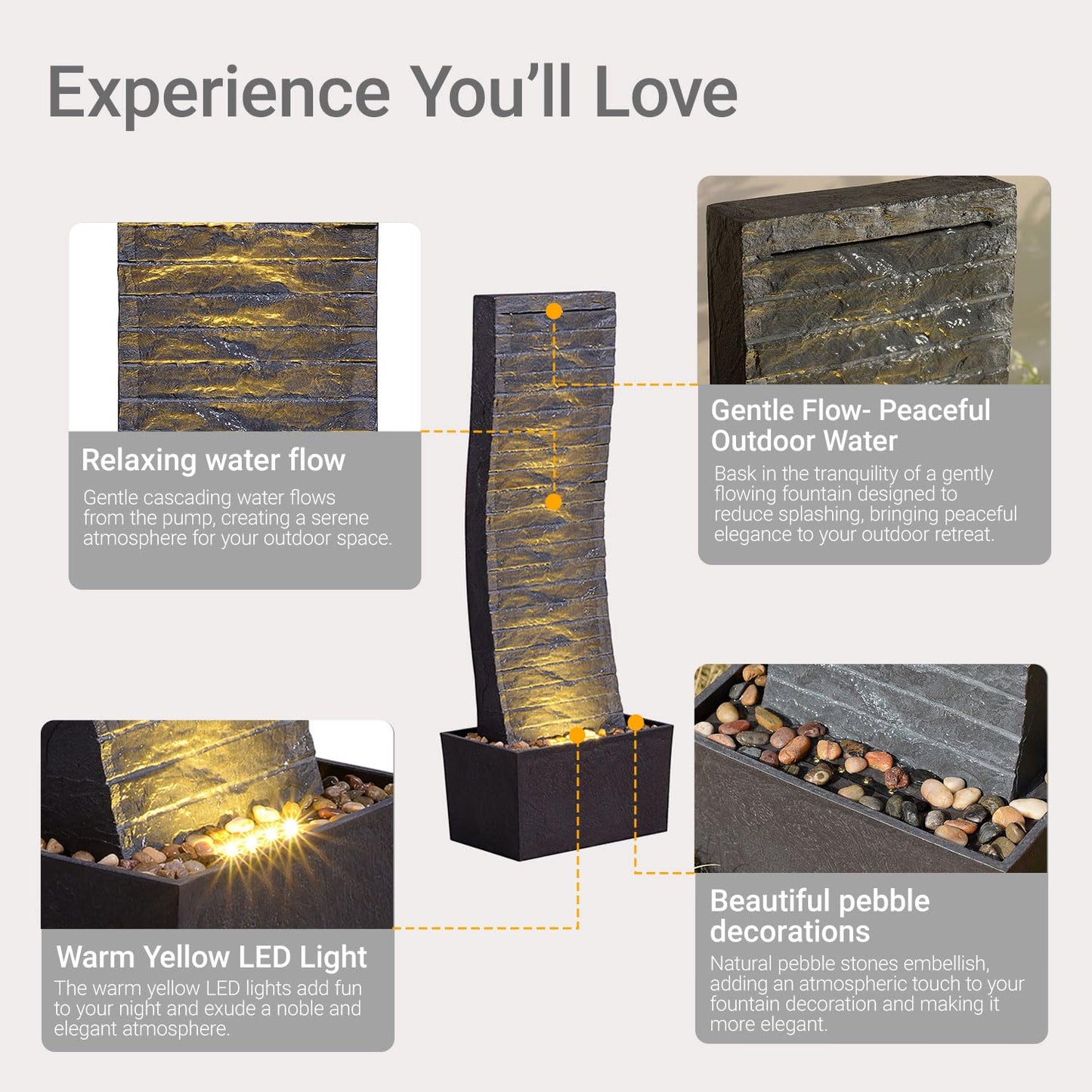 MSEONWXI Curved Outdoor Waterfall Fountain, 36.2" Elegant Outdoor Water Fountain with LED Lights for Patio, Garden, Backyard, Modern Large Relaxing Water Feature (24382)