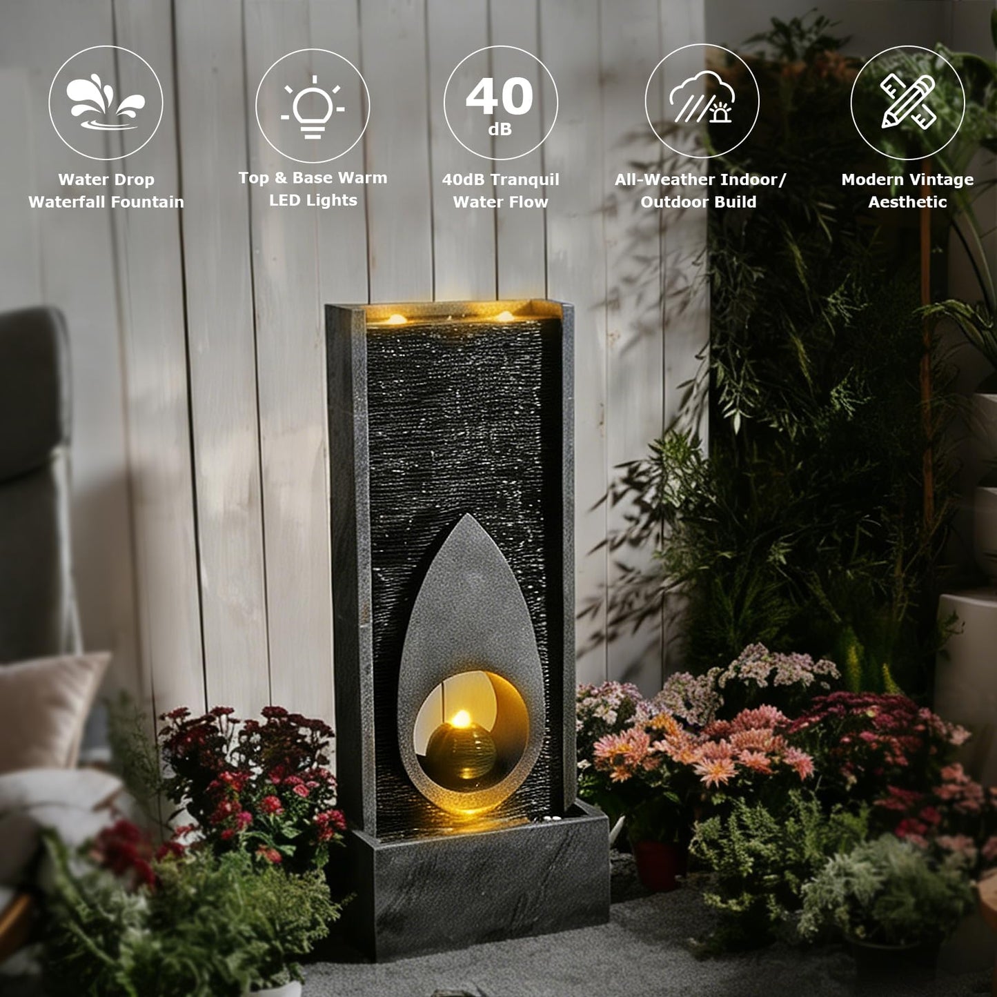 Pivotify 46.5’’Tall Modern Water Fountain Indoor Outdoor Waterfall Feature Floor Standing with Sphere and LED Lights for Garden, Yard, Patio, Deck, Porch, Livingroom Decor