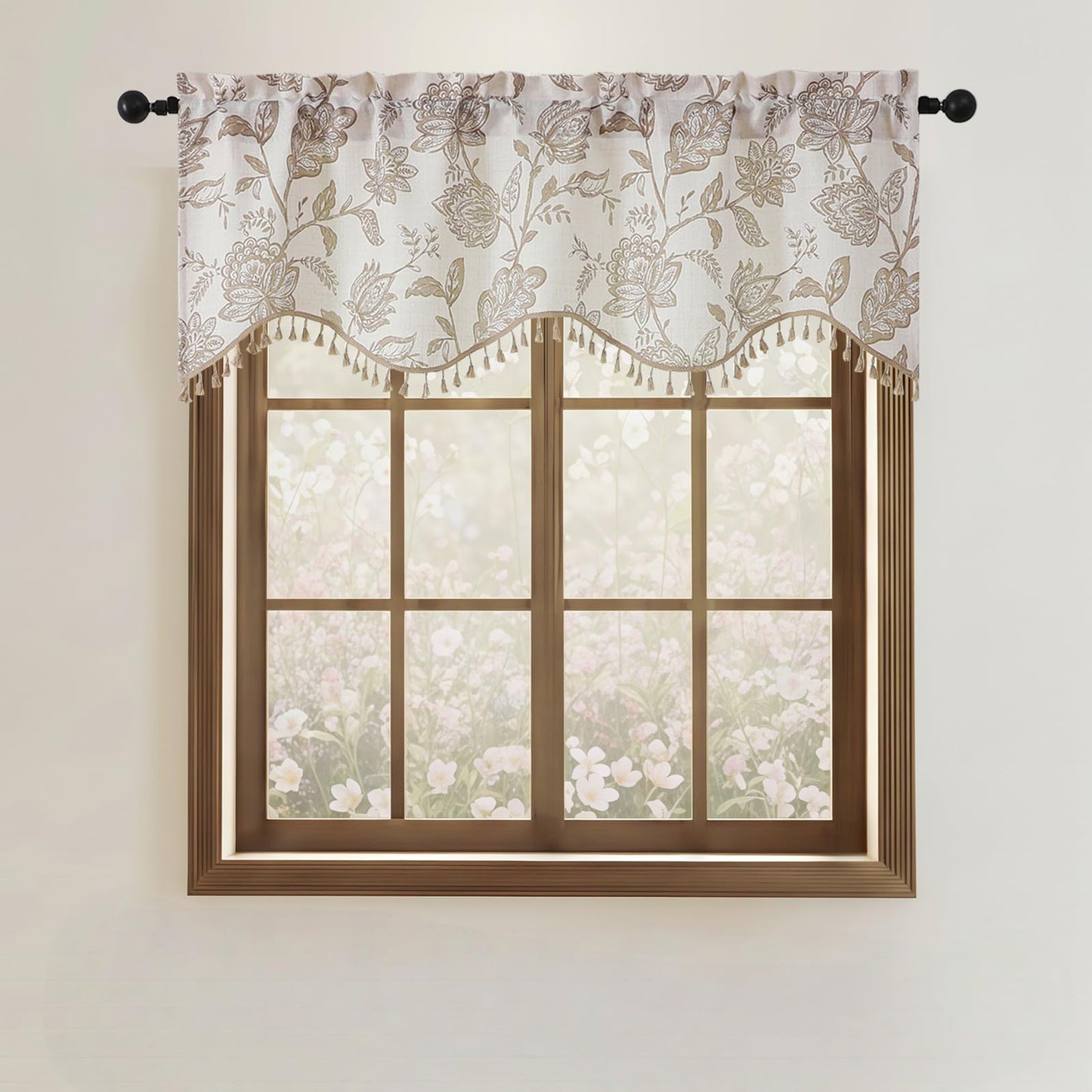 Ebesto Scalloped Valance for Windows - Faux Linen Textured Short Kitchen Valance with Tassels, Farmhouse Floral Printed Small Window Curtains for Bathroom Basement RV, 1 Piece, 52Wx18L Inches, Taupe
